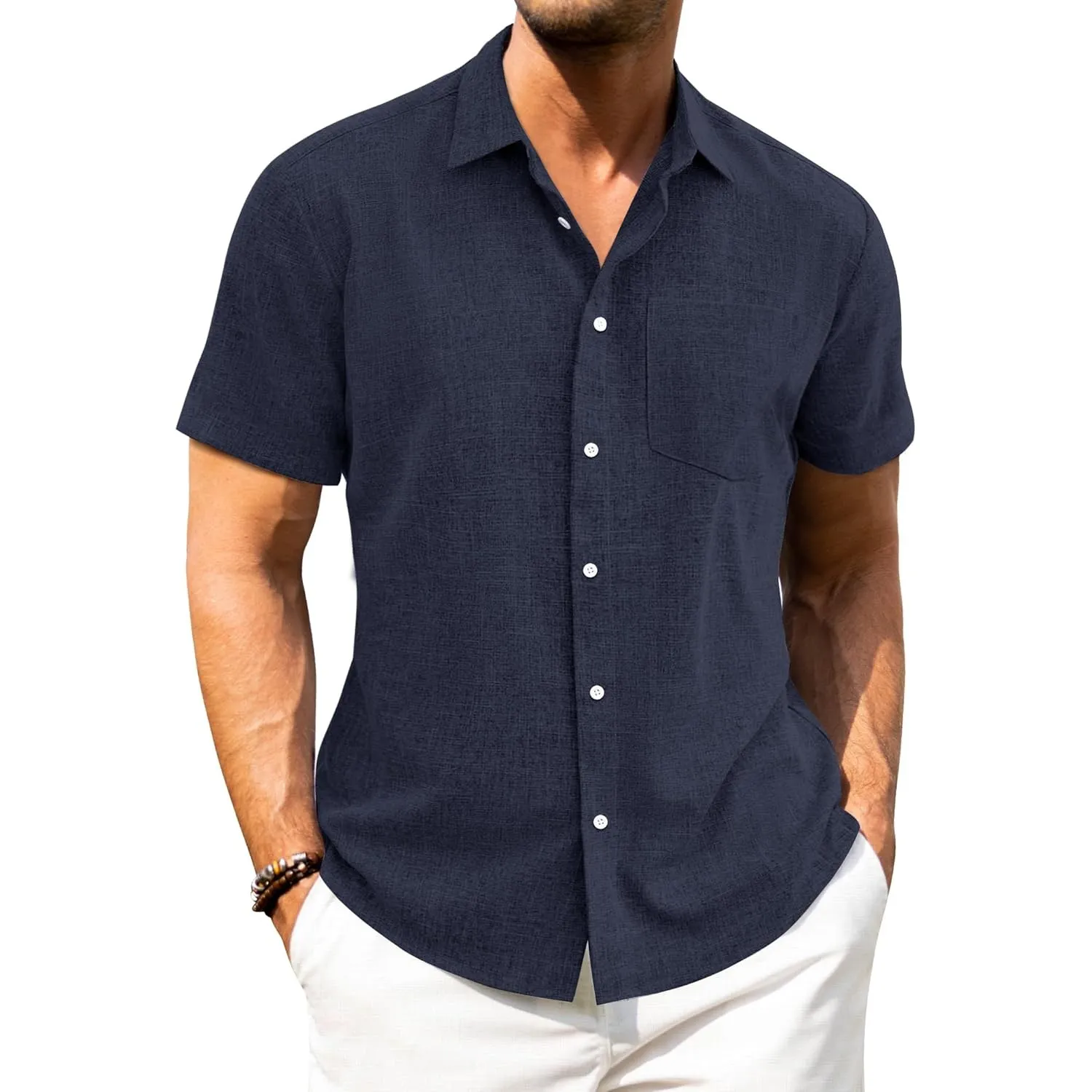J.VER Leinenhemd Herren Kruzarm Freizeithemd Regular Fit Leicht und Luftig Sommerhemd Leinen Shirt mit Tasche