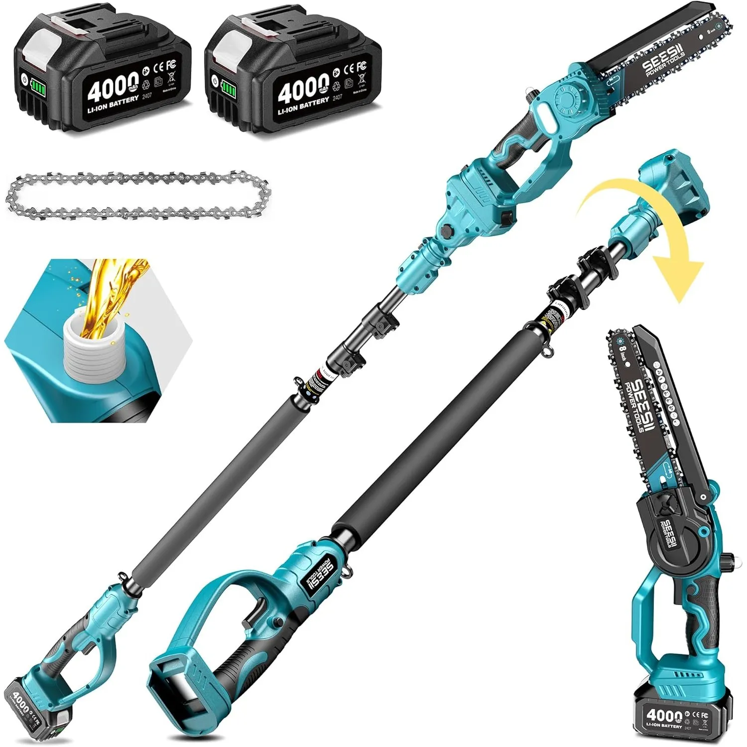 SEESII 2-in-1 8 Zoll Akku Astsäge & Mini Kettensäge mit 2×4000mAh Akkus | Bürstenlose Kettensäge mit Teleskopstange, Au…