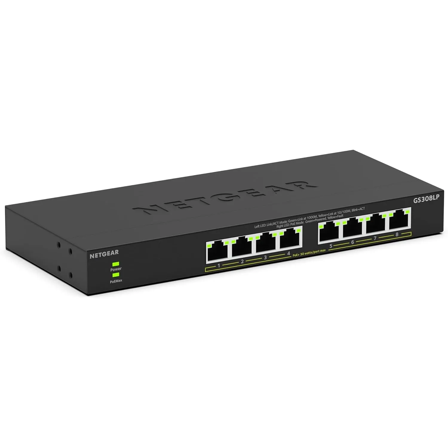 NETGEAR 8-Port PoE Gigabit Ethernet Unmanaged Essentials Switch (GS308LP): mit 8 x PoE+ bei 60 W, erweiterbar, Desktop-…