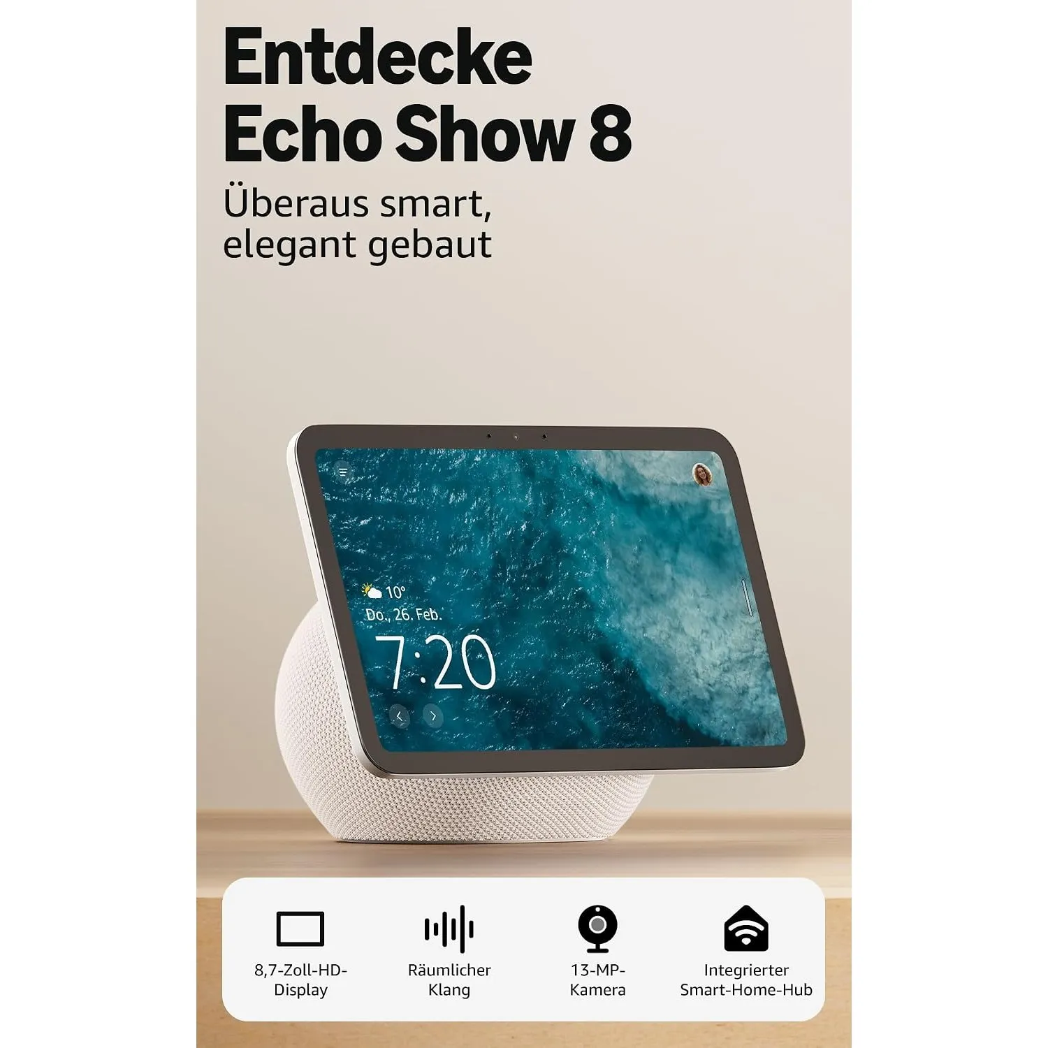 Zertifiziert und generalüberholt Amazon Echo Show 8 (neueste Generation), brillantes 8,7-Zoll-Display in HD-Auflösung m…