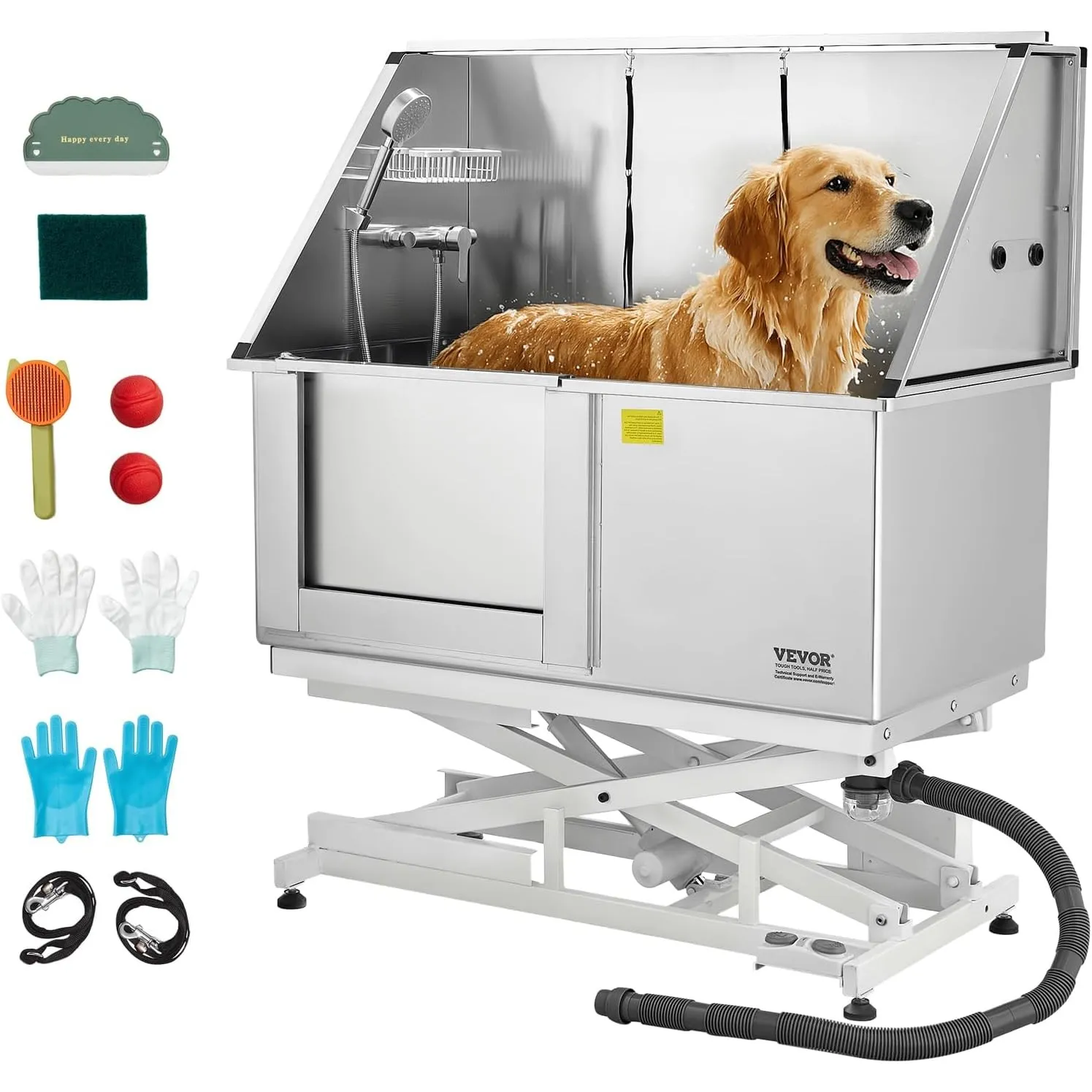 VEVOR Elektrische Hundewaschstation mit Hebefunktion, 127 cm Tierpflegewanne mit PE-Wasserfilterplatte, Wasserhahn & Du…