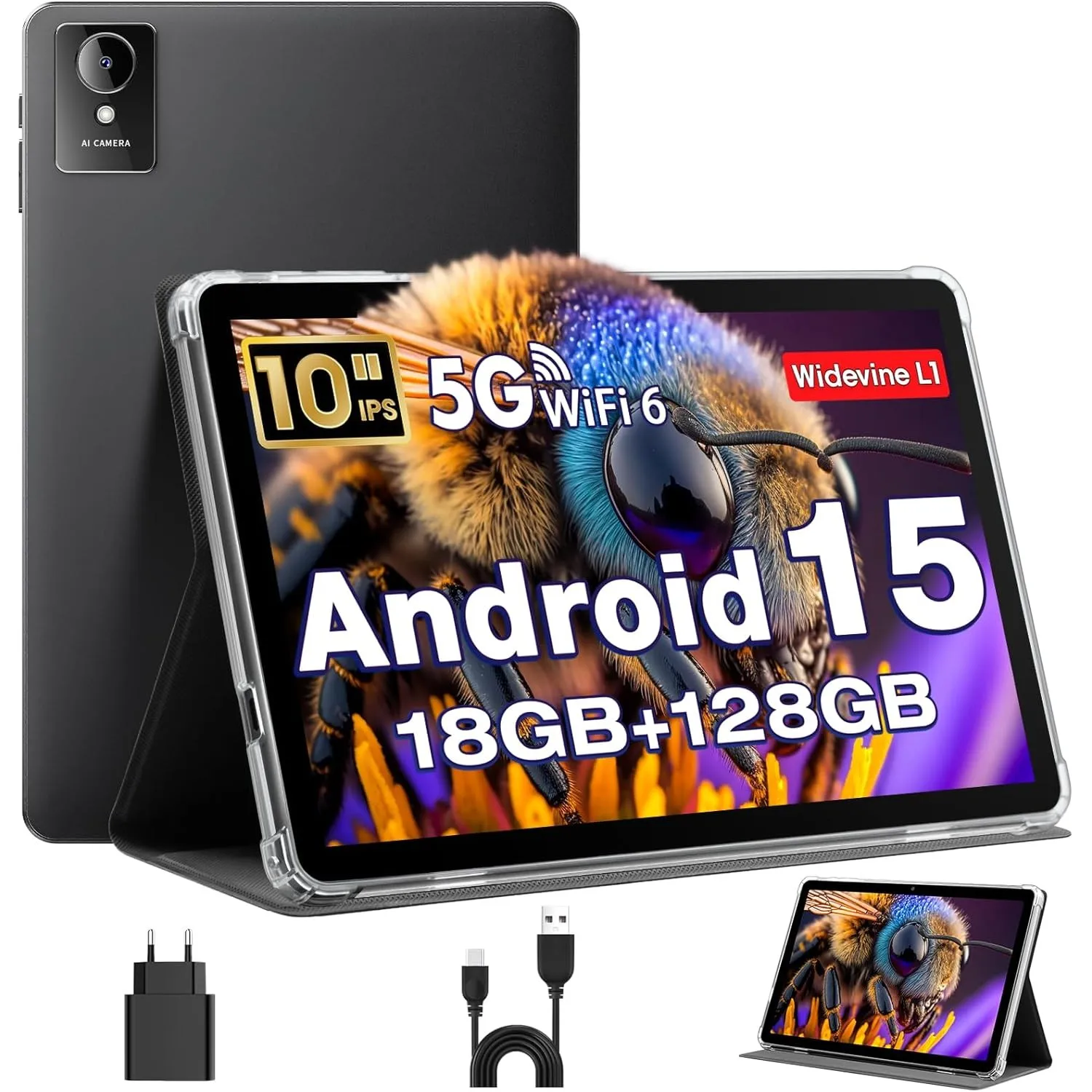 Tablet 10 Zoll, Android 15 Tablets mit Hülle, Unisoc T30 Quad-Core, 18 GB RAM + 128 GB ROM + 1 TB TF, 1280x800 HD IPS D…