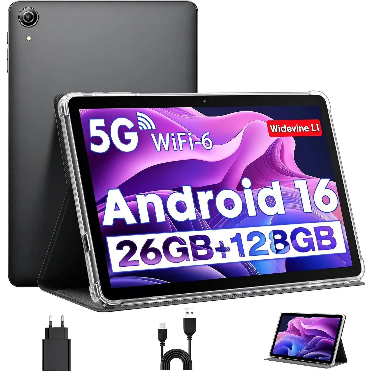 Tablet 10 Zoll, Android 16 Tablets mit Hülle, Unisoc T606 6-Core, 26 GB RAM + 128 GB ROM + 1 TB TF, 1280x800 HD IPS Dis…