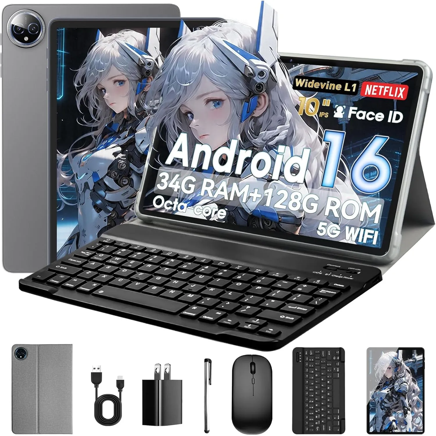 Tablet 10 Zoll, Android 16 Tablet mit Hülle, Maus & Tastatur, Octa-Core, 34 GB RAM + 128 GB ROM + 1 TB TF, 1280x800 HD …