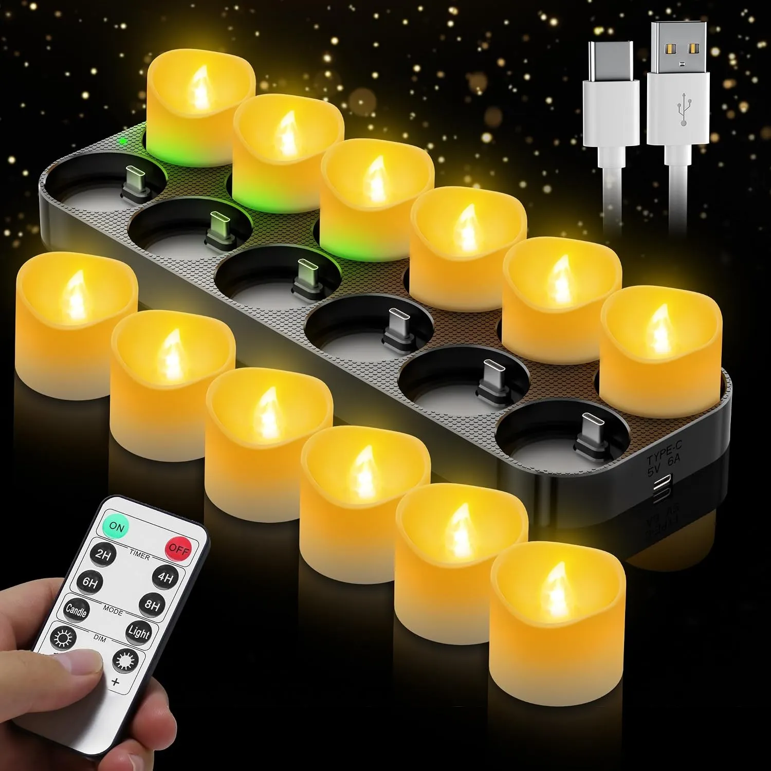 Wiederaufladbare LED Teelichter 12 Stück mit Fernbedienung und Timerfunktion, Elektrische Kerzen mit USB-C Ladestation …