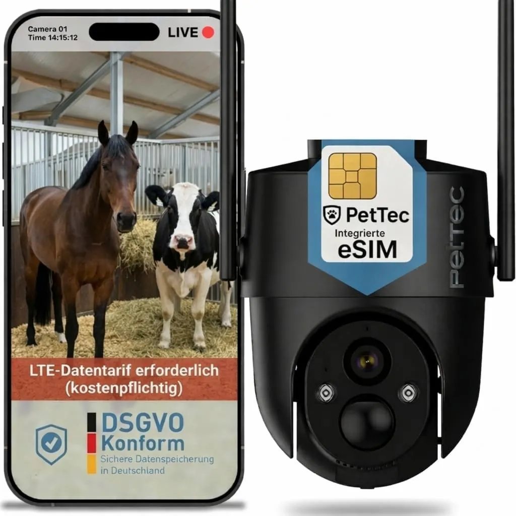 PET.TEC PetTec PetCam Free'n 360 4G LTE Kamera OHNE WLAN [LTE-Tarif kostenpflichtig] – Akku Outdoor Kamera für Stall, P…