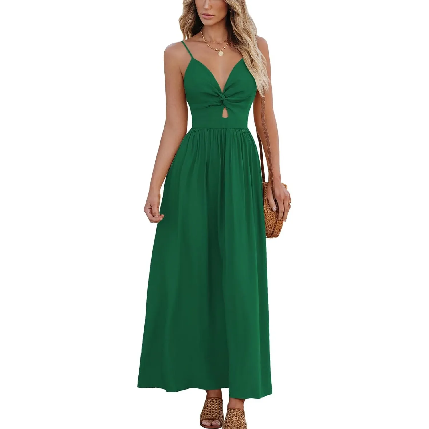 CUPSHE Damen Sommerkleid Boho V Ausschnitt Ärmellos Standkleid Twist Front Freizeitkleider Urlaub Maxi Dress