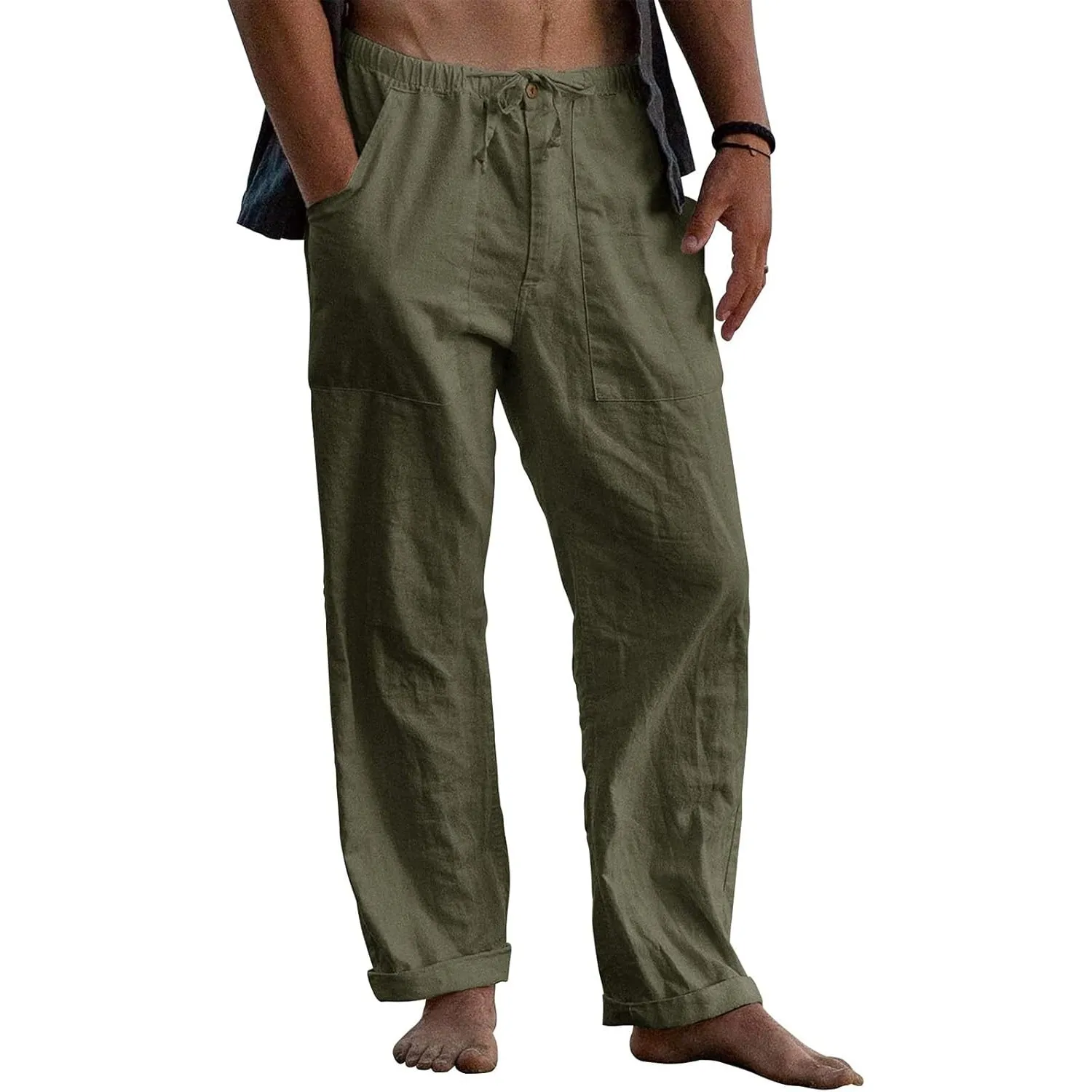 Puimentiua Leinenhose Herren,Lang Leichte Sommerhose,Loose Fit Sommer Leinen Hose,Baumwollehosen mit Tunnelzug und Reiß…
