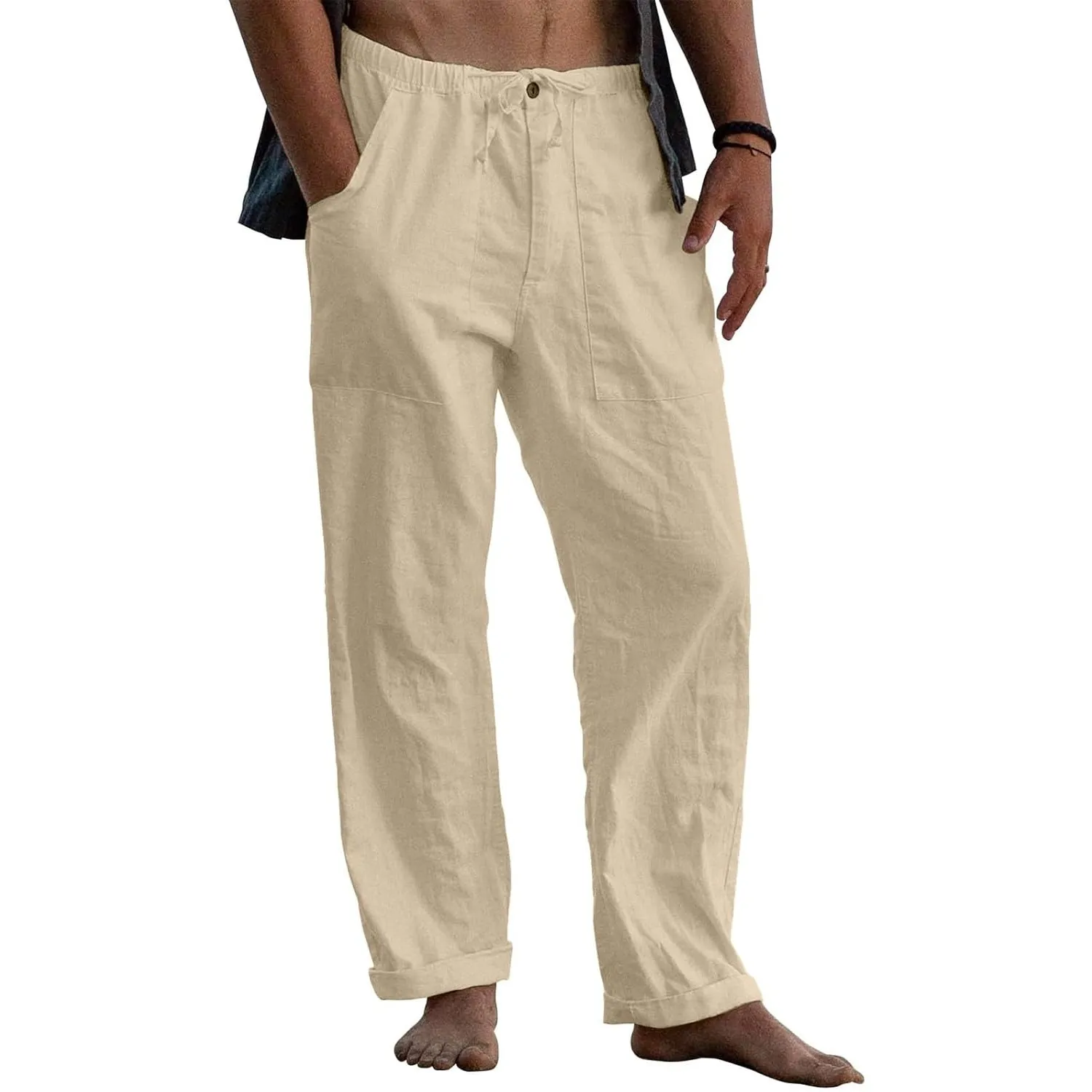 Puimentiua Leinenhose Herren,Lang Leichte Sommerhose,Loose Fit Sommer Leinen Hose,Baumwollehosen mit Tunnelzug und Reiß…