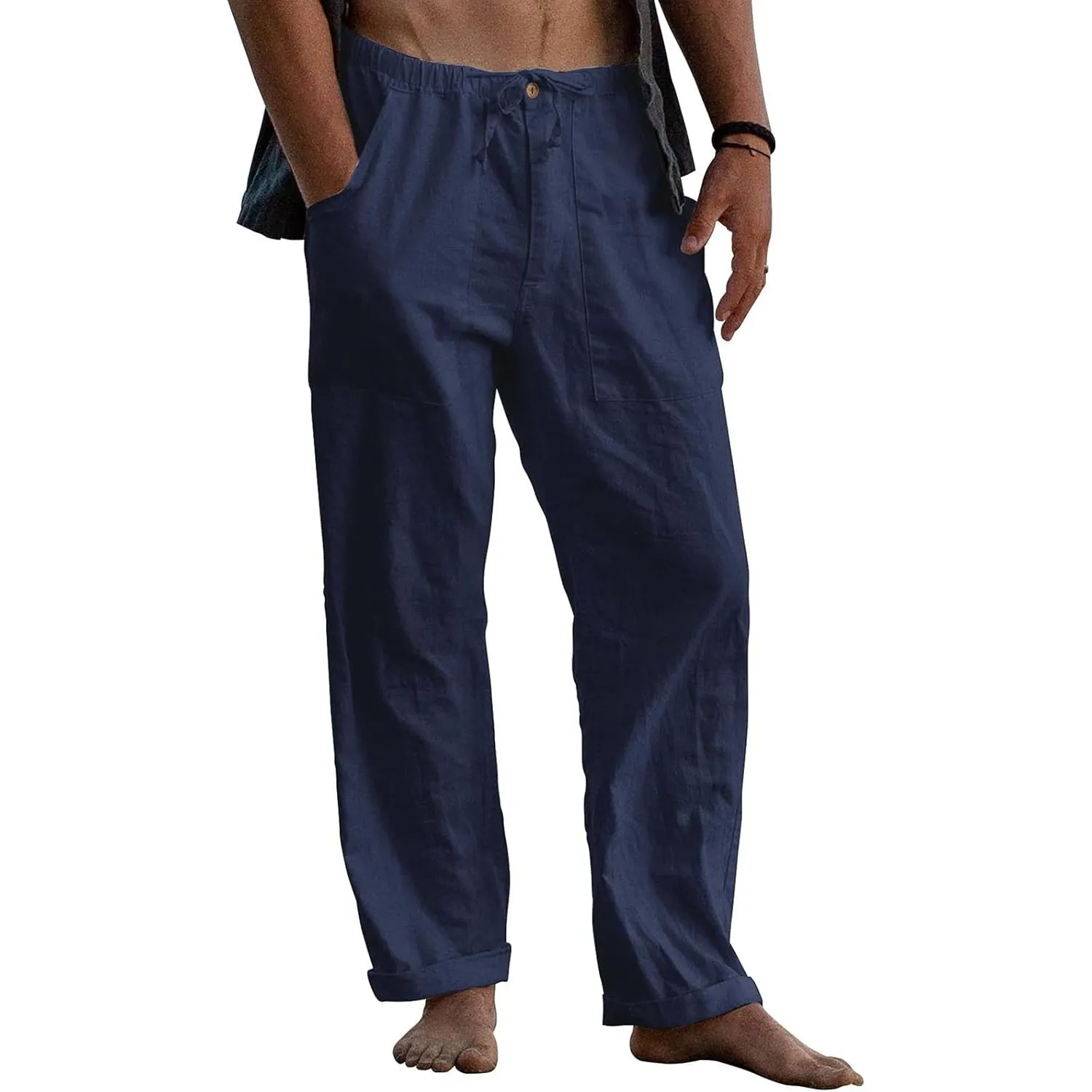 Puimentiua Leinenhose Herren,Lang Leichte Sommerhose,Loose Fit Sommer Leinen Hose,Baumwollehosen mit Tunnelzug und Reiß…