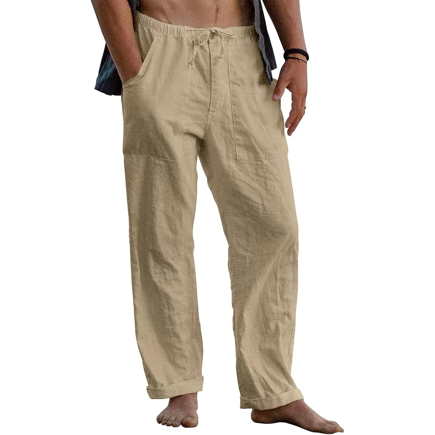 Puimentiua Leinenhose Herren,Lang Leichte Sommerhose,Loose Fit Sommer Leinen Hose,Baumwollehosen mit Tunnelzug und Reiß…