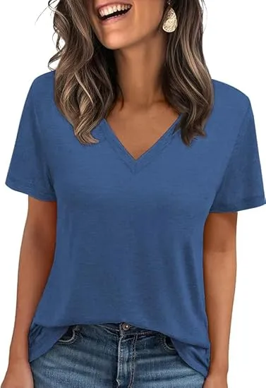 Cuptacc T-Shirt Women's Summer Basic Shirt Tops Women's V-Neck Short Sleeve Plain Casual Top