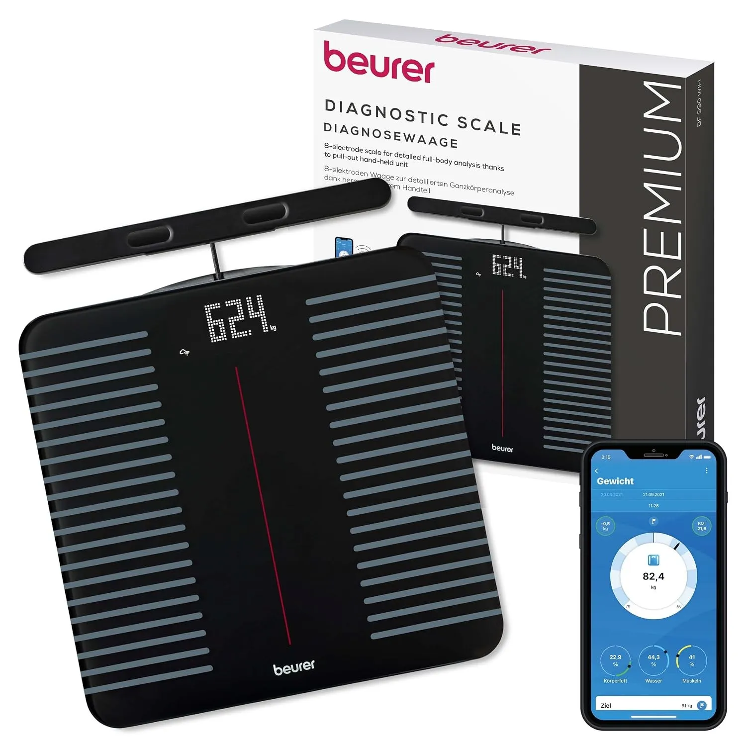 Beurer BF 990 Körperfettwaage mit Handsensoren, Digitale Personenwaage mit App-Anbindung via WIFI/Bluetooth, 25 Messwer…