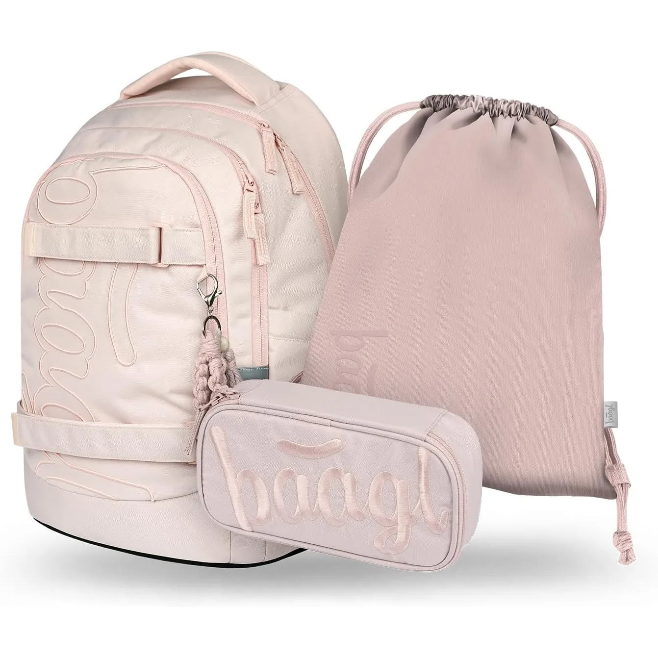 Baagl Schulrucksack Set Jungen Mädchen Teenager 3 Teilig 30 l - Creamy | Ergonomischer Schulranzen und Skateboard Rucks…