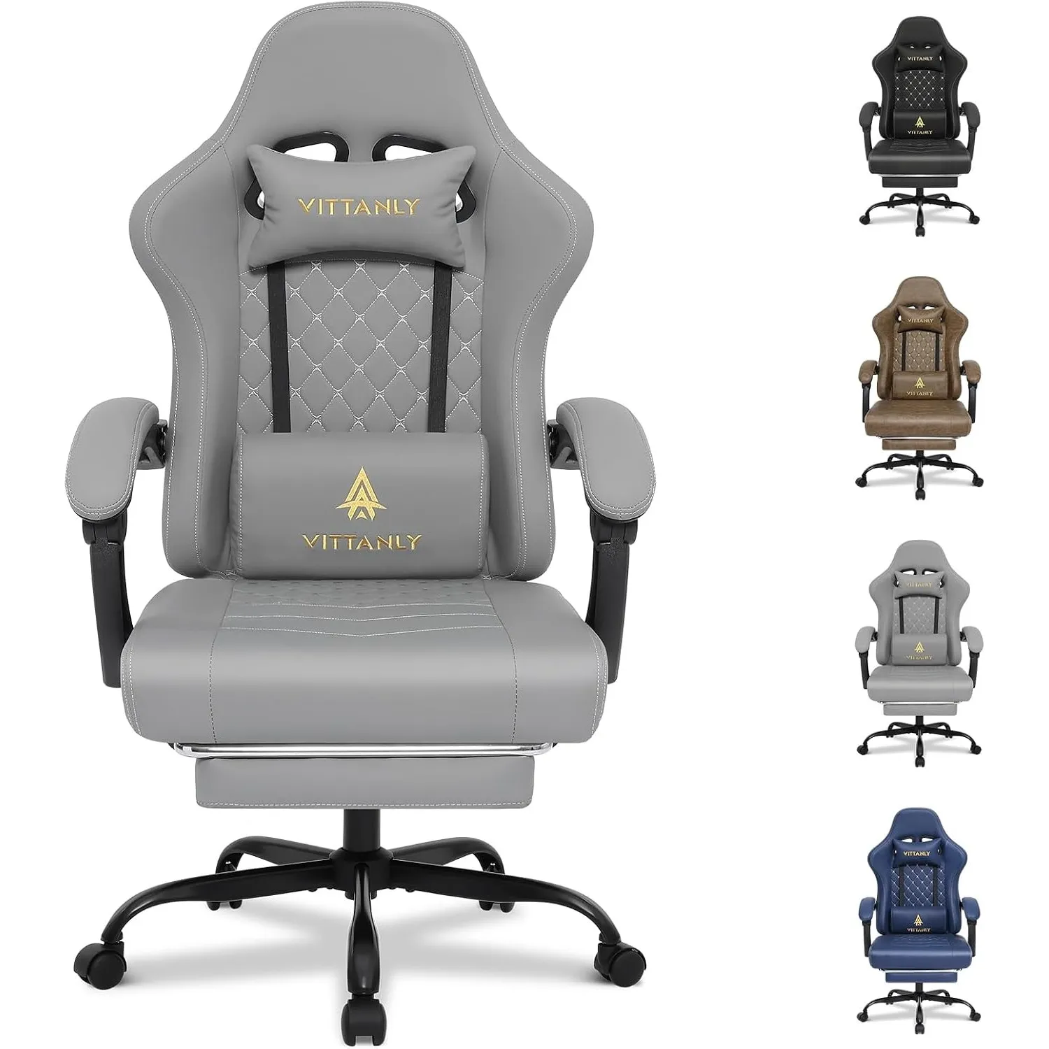 Vittanly Gaming Stuhl mit Federsitzkissen, Gaming Chair, Grau
