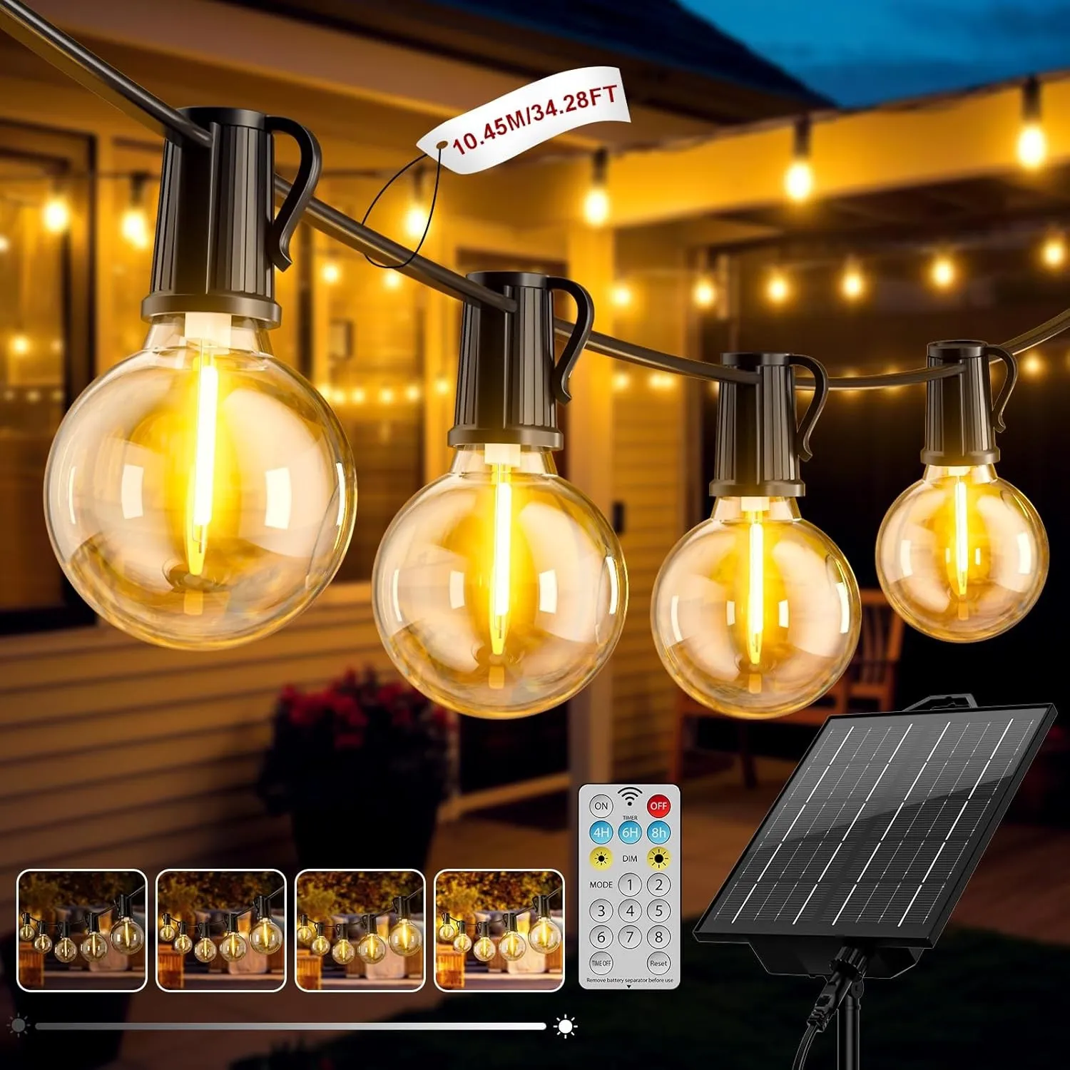 Solar Lichterkette Aussen, 10.45M/34.28FT LED Solarlichterkette Außen Wetterfest 8 Modi, 12+1 G40 Lichterketten, 1200 m…
