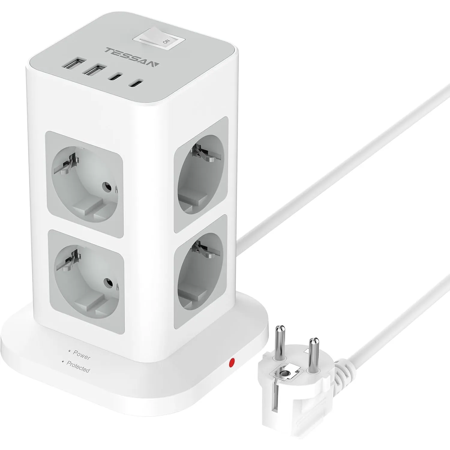 TESSAN Mehrfachsteckdose mit 2 USB C, Verlängerungskabel 2M, Grau