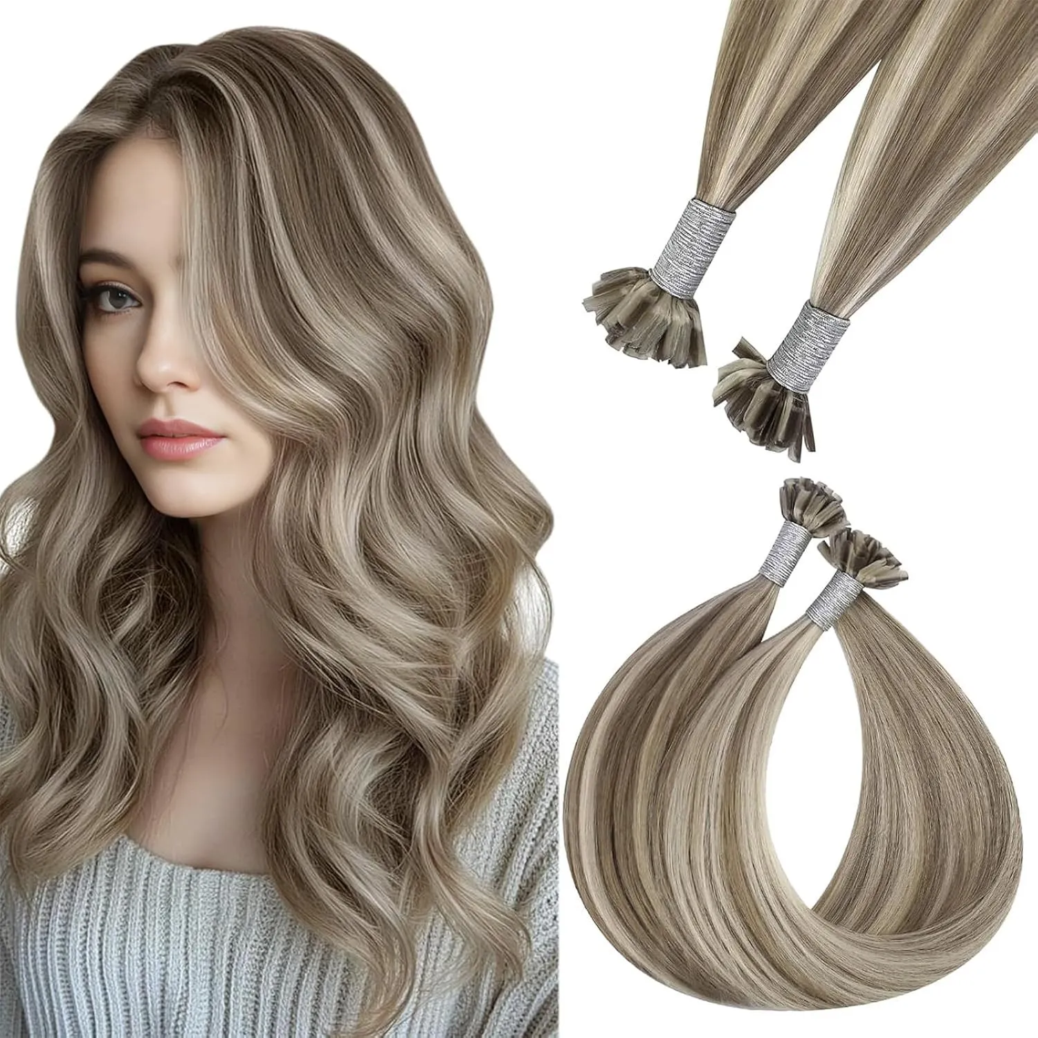 Easyouth Blonde Bondings Extensions Echthaar 55cm Bondingss Haarverlängerungen Echthaar Hellbraun Highlight Platinblond…