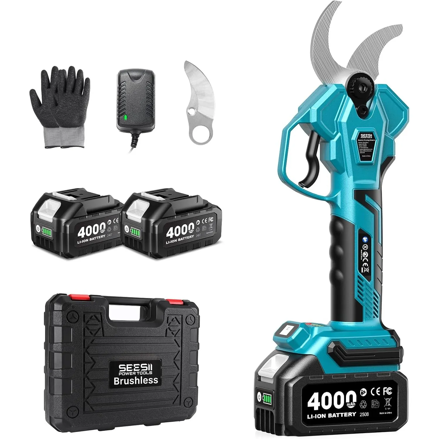 SEESII Akku Astschere 40 mm – Elektrische Gartenschere mit 2 * 4000 mAh Akkus, SK5-Klinge, Bürstenlosem Motor, LCD-Anze…