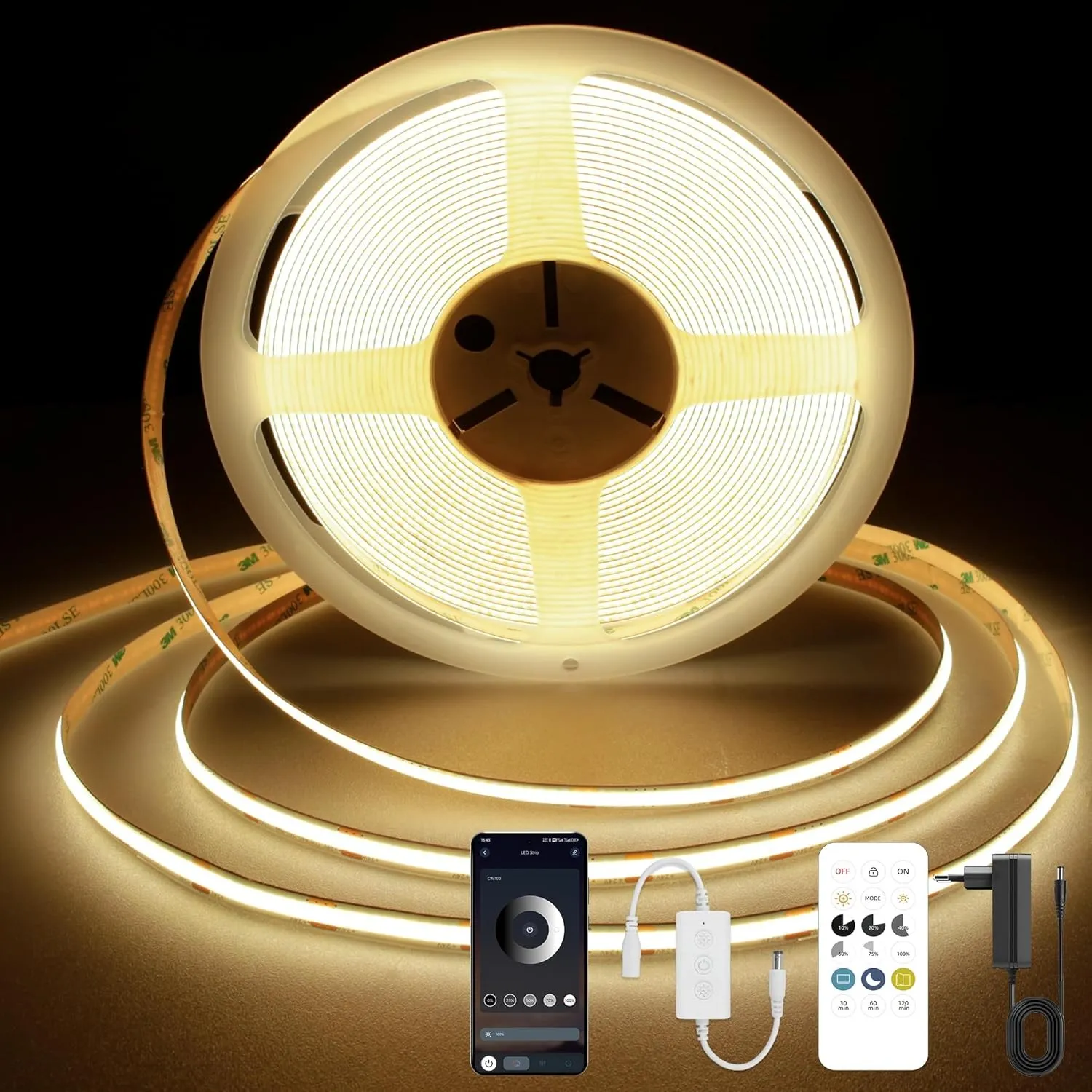 TTWAY COB LED Streifen 5M, LED Streifen Warmweiß 3000K, 24V Dimmbar LED Streifen Licht, CRI92, 8mm Breite, mit Fernbedi…