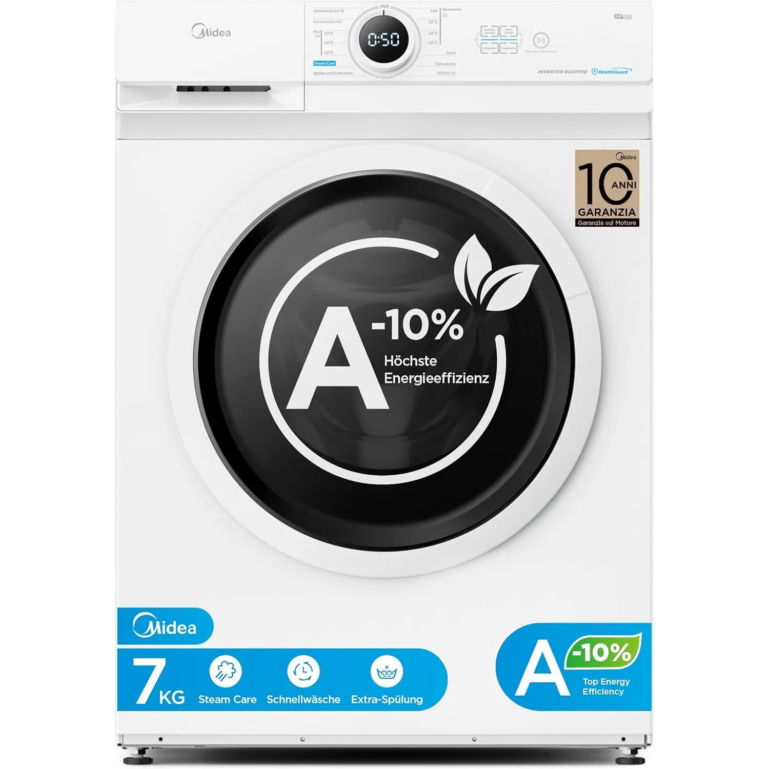 Midea Waschmaschine 7 kg Energieklasse A-10% 1400 U/Min Weiß MF10EW70BA10