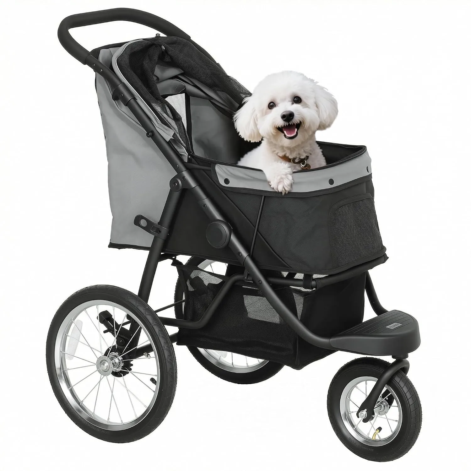 PawHut Hundewagen Jogger Klappbar für Kleine Hunde & Katzen 10 kg Grau | Hundebuggy, Katzenbuggy, 3 Große Gummiräder, K…