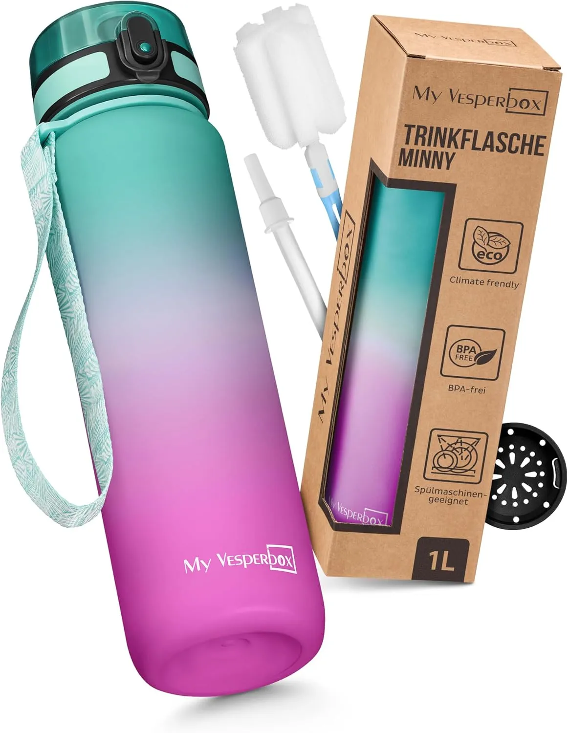 My Vesperbox® Trinkflasche Kinder [1000ML] - Wasserflasche Kohlensäure Geeignet & Auslaufsicher - Water Bottle Kids - f…