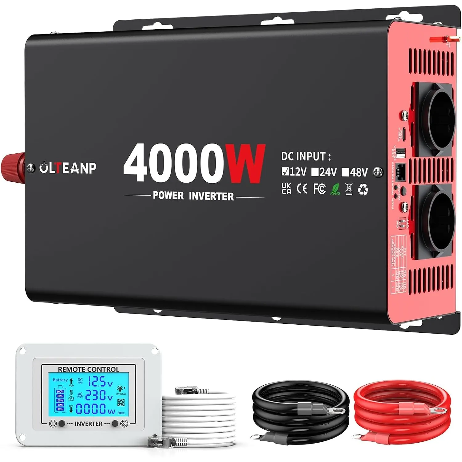 4000W Wechselrichter 12V auf 230V Modifizierter Sinus Wechselrichter mit 2 AC Ausgängen, 30W Type-C Port, 3.1A USB Port…