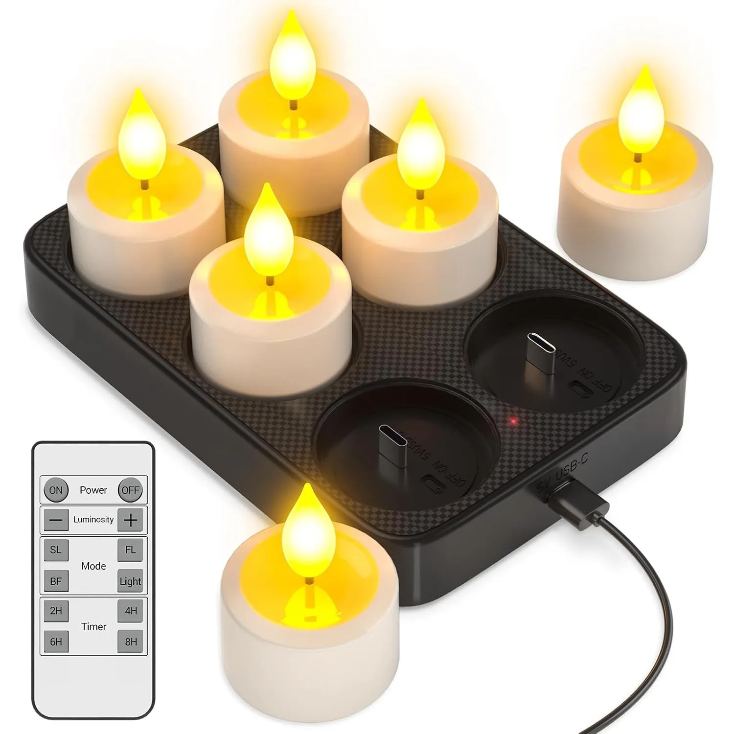 Yme 6er LED Teelichter Wiederaufladbar mit Ladestation und Fernbedienung