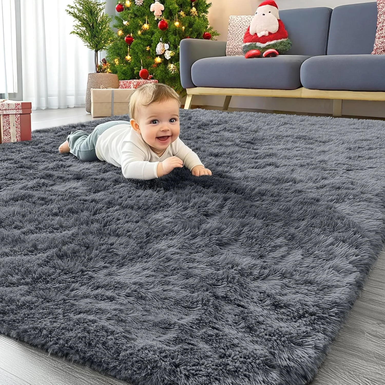 Homaxy Hochflor Waschbar Groß Teppich Wohnzimmer 120 x 160 cm, Dunkelgrau