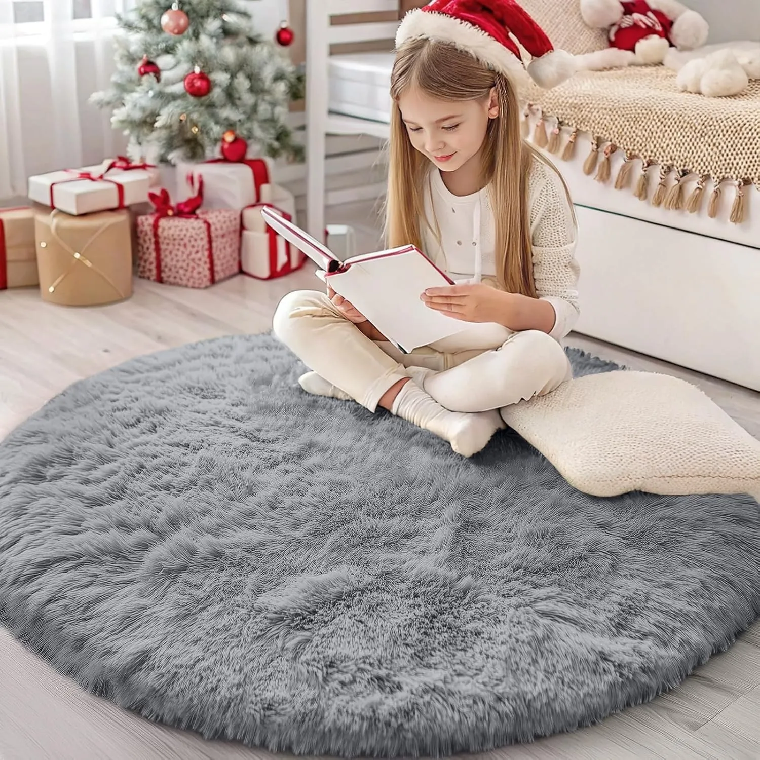Homaxy Hochflor Waschbar Klein Teppich Wohnzimmer 120 cm Rund, Grau | Anti-Rutsch Unterseite Teppiche, Flauschig Teppic…