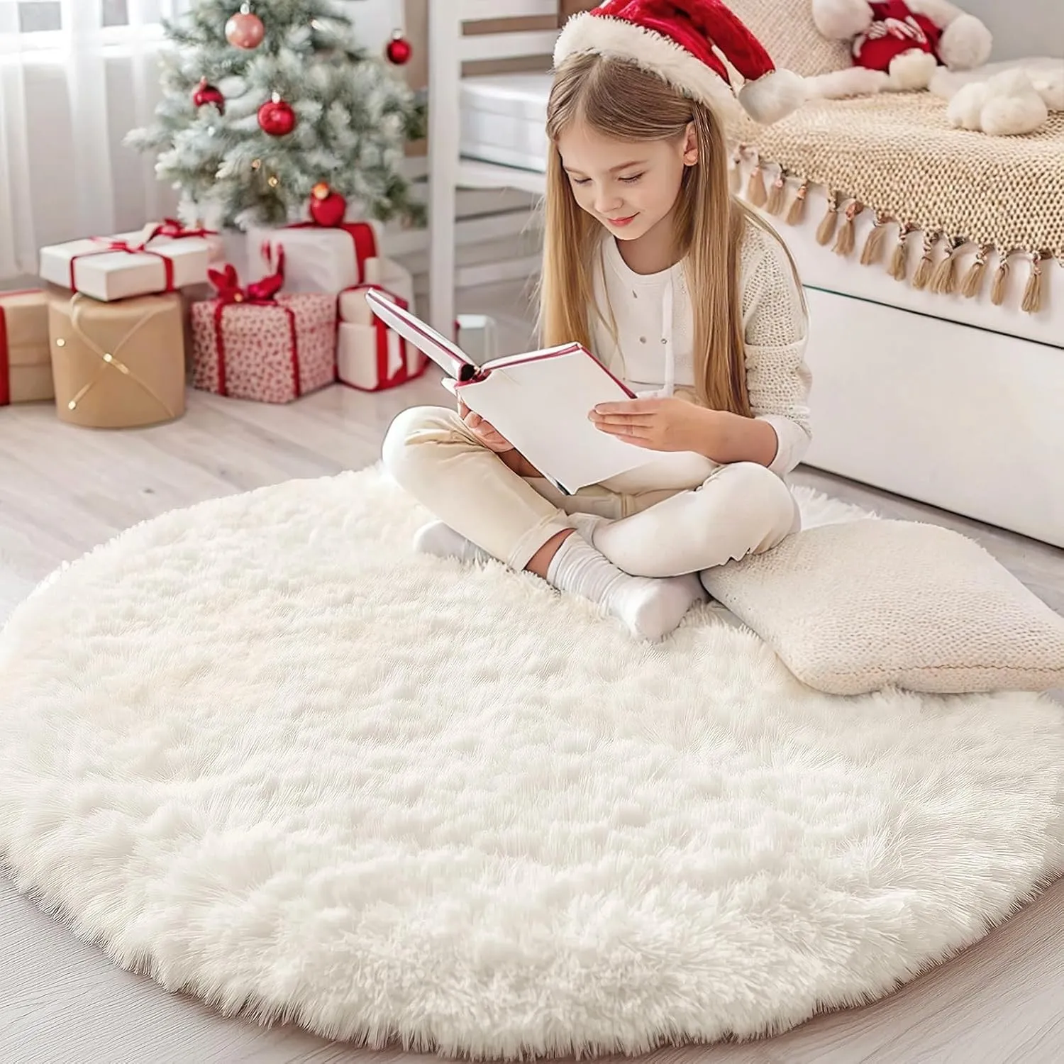 Homaxy Hochflor Waschbar Groß Teppich Wohnzimmer 160 cm Rund, Creme