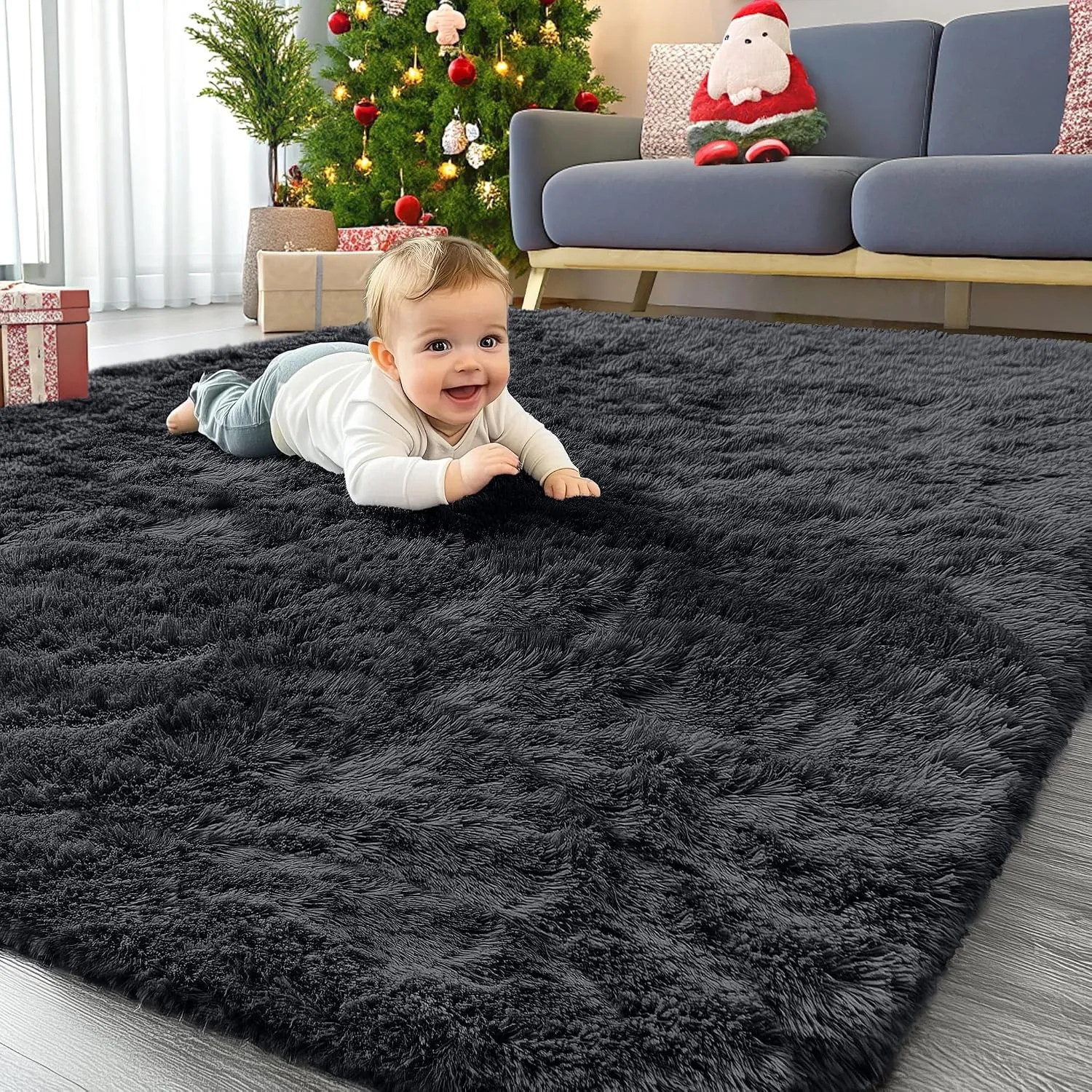 Homaxy Hochflor Waschbar Groß Teppich Wohnzimmer 200 x 280 cm, Schwarz | Anti-Rutsch Unterseite Teppiche, Flauschig Tep…