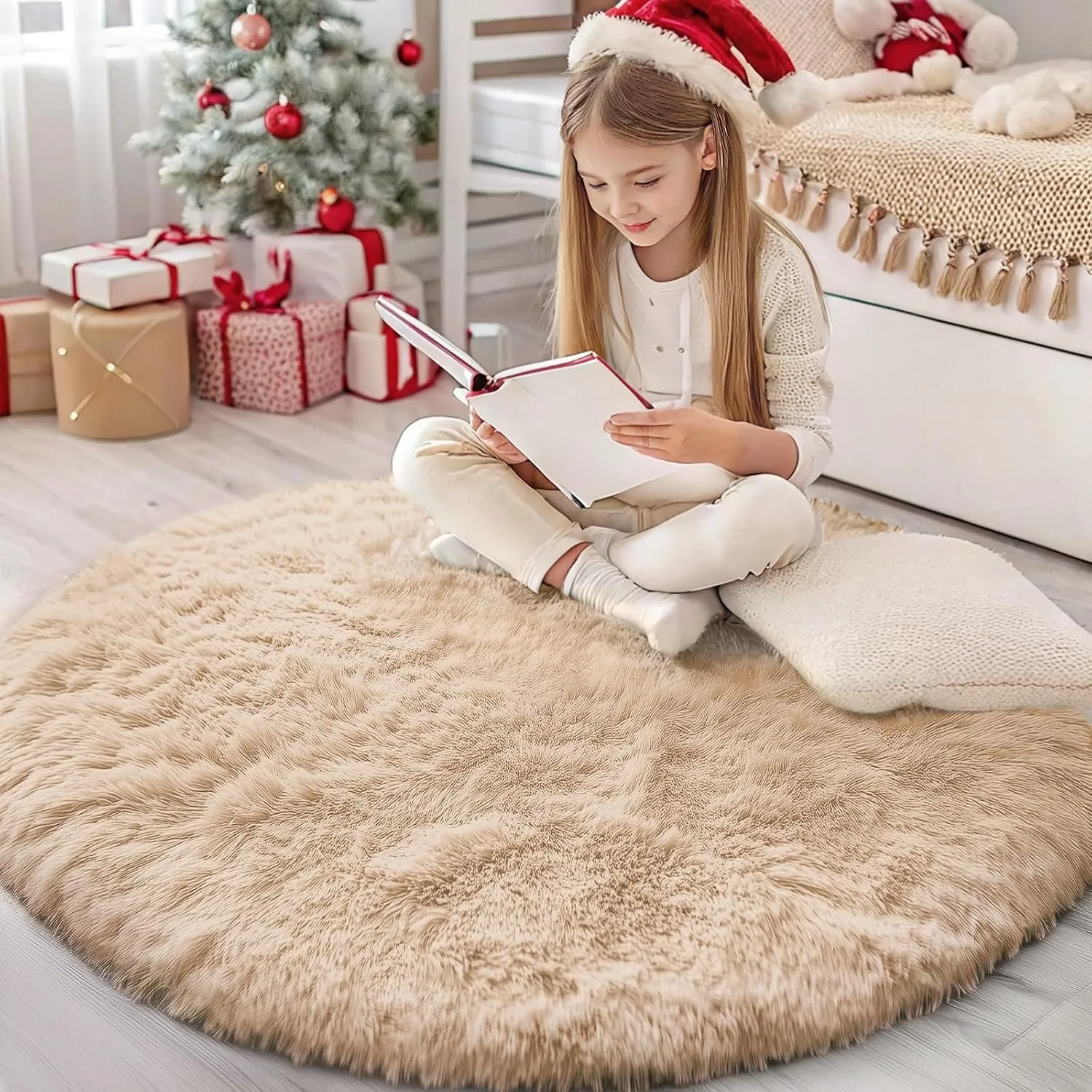 Homaxy Hochflor Waschbar Groß Teppich Wohnzimmer 200 cm Rund, Beige