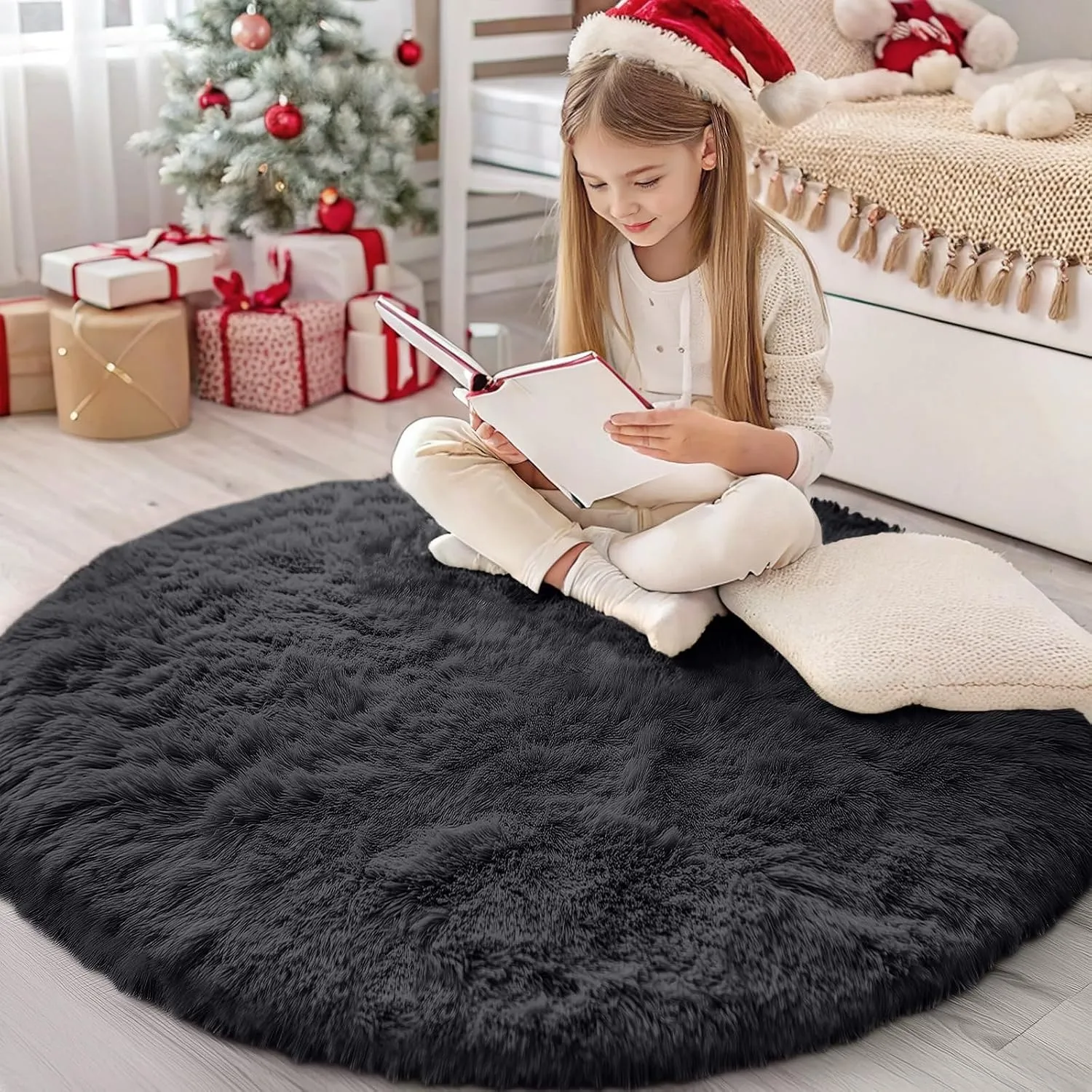 Homaxy Hochflor Waschbar Groß Teppich Wohnzimmer 200 cm Rund, Schwarz
