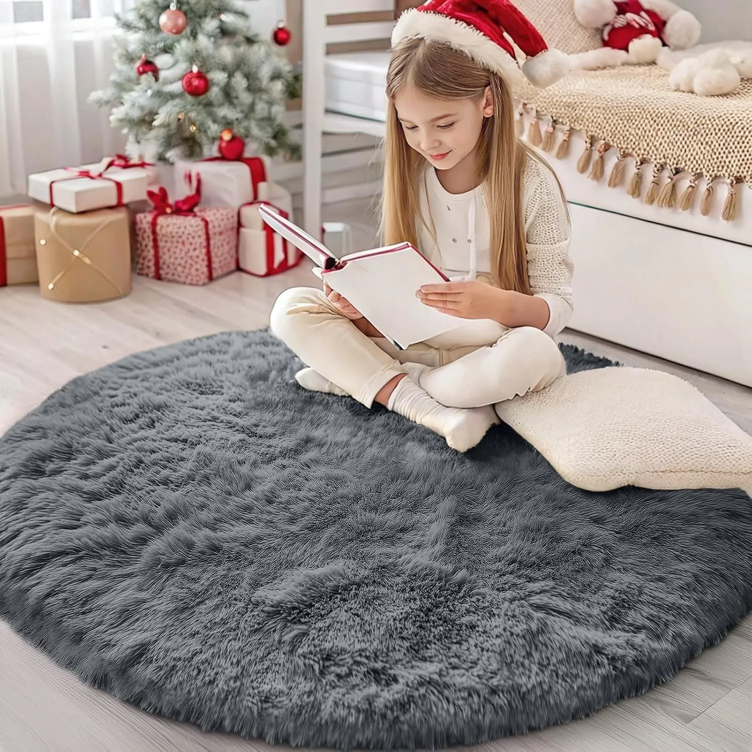 Homaxy Hochflor Waschbar Groß Teppich Wohnzimmer 160 cm Rund, Dunkelgrau | Anti-Rutsch Unterseite Teppiche, Flauschig T…