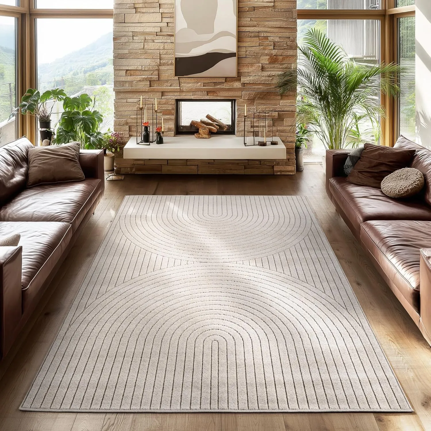 SIMPEX Outdoor Teppich Wetterfest, Wohnzimmer, Schlafzimmer, Wintergarten, Kurzflor Creme, Hoch-Tief-Effekt, weich & wa…