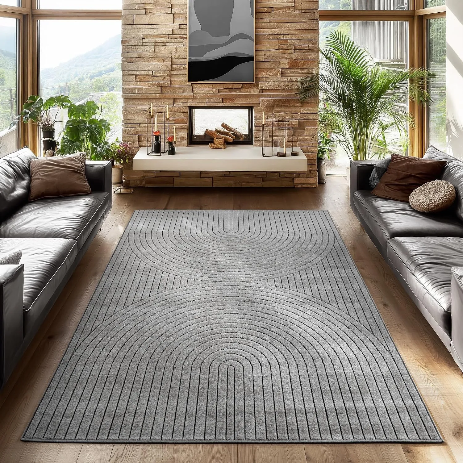 SIMPEX Kurzflor Teppich 240x340 cm XL Grau Wohnzimmer, Schlafzimmer, Küche, 3D Hoch-Tief-Effekt, Skandinavisch Boho Mot…