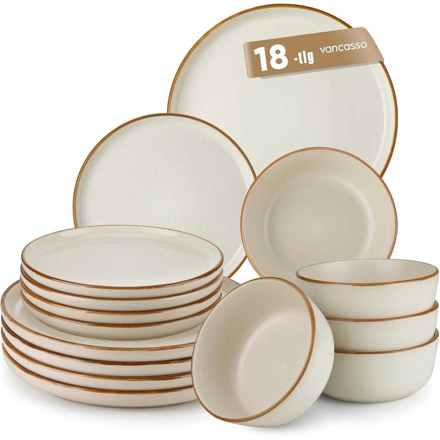 Geschirrset 6 Personen, vancasso RENO 18-teiliges Steingut Geschirr Set, Tafelservice Modern, Speiseteller, Desserttell…
