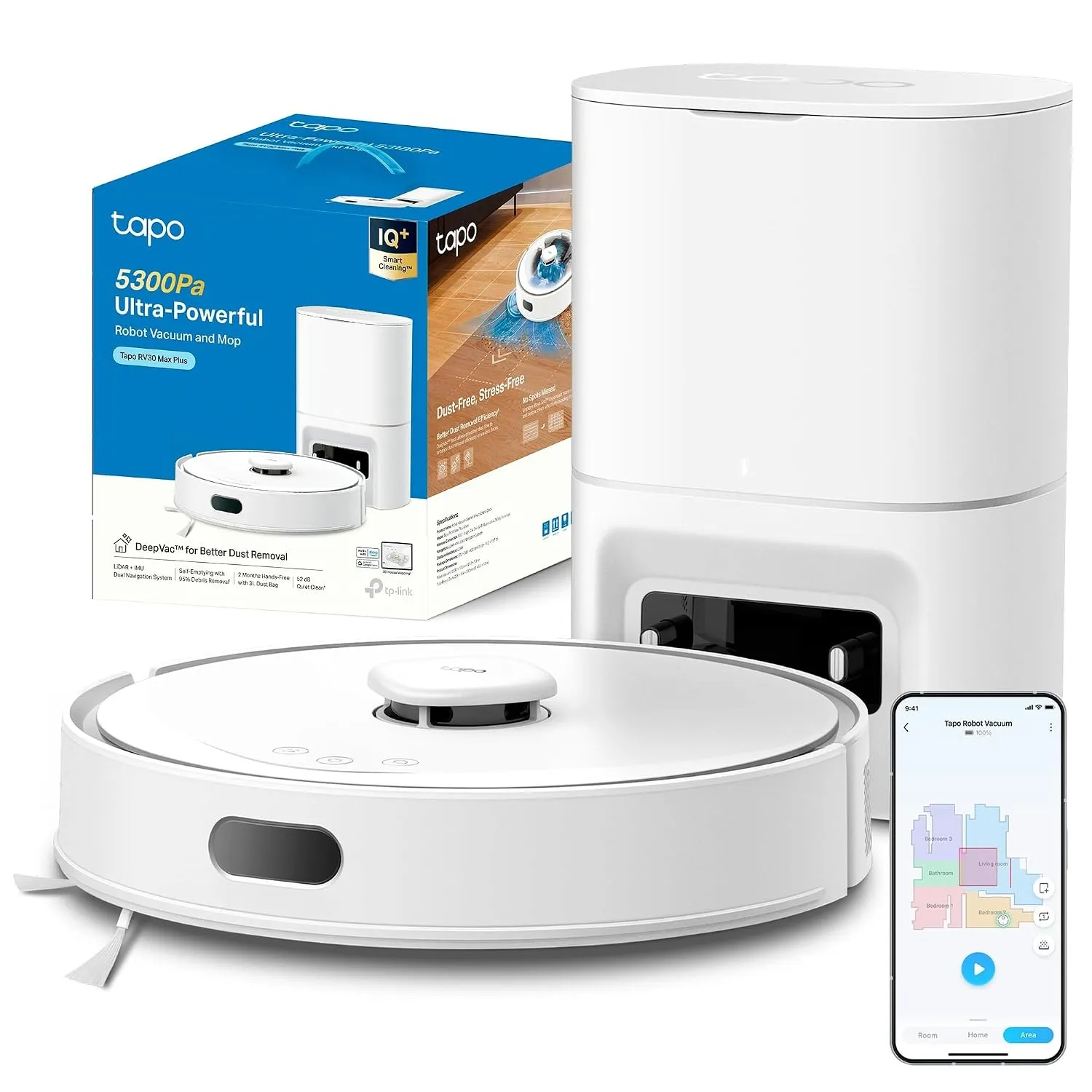 Tapo RV30 Max Plus Saugroboter mit Wischfunktion und automatischer Absaugstation, 5300Pa Ultra Starke Saugkraft, LiDAR+…