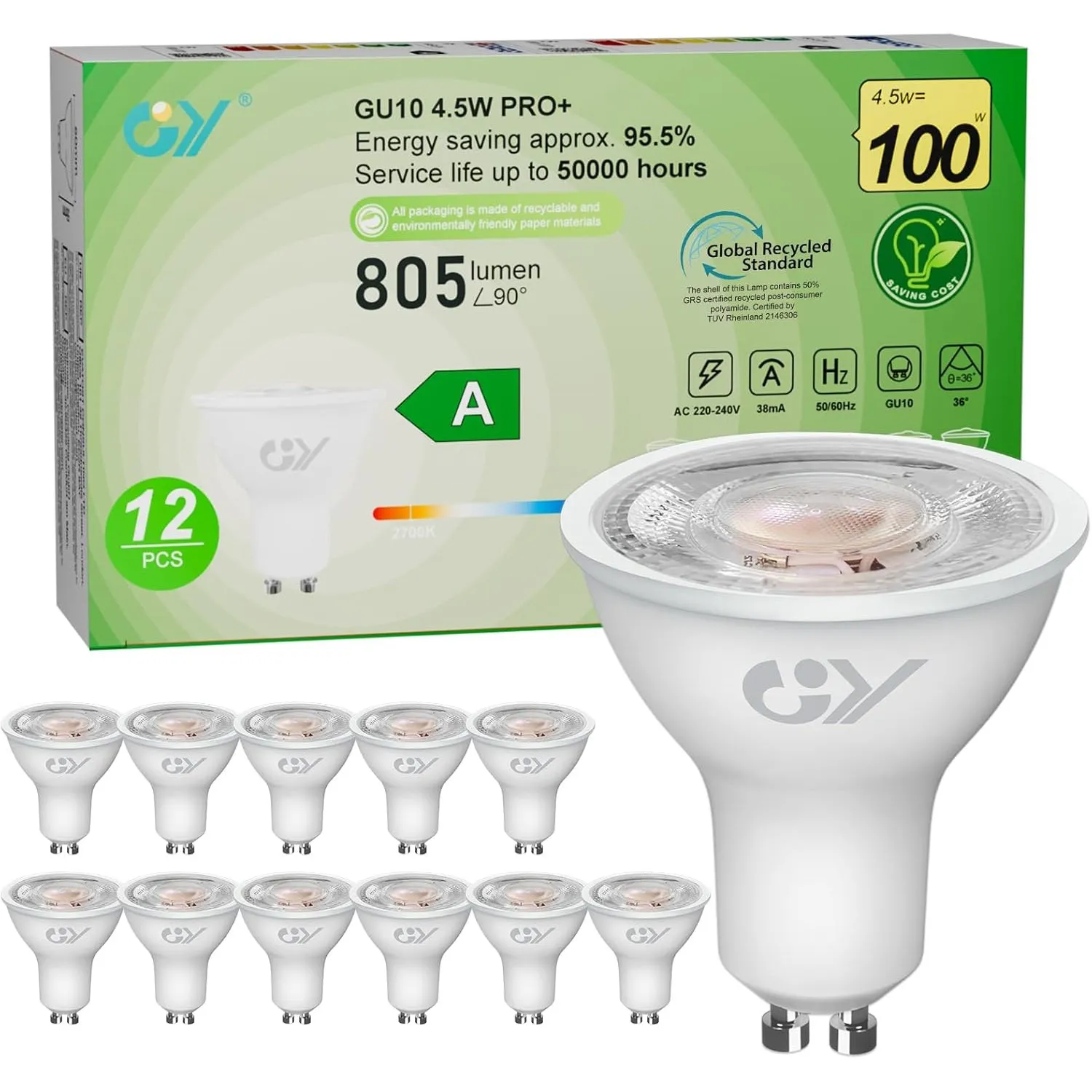 GY GU10 LED Warmweiss Lampe,4,5W 2700K 805 Lumen Warmweiß Glühbirnen,Ersetzt 100W Leuchtmittel,36° Abstrahlwinkel Spot …
