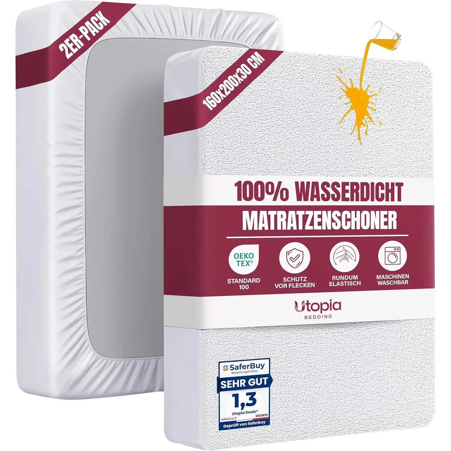 Wasserdichter Matratzenschoner 160 x 200 x 30cm, matratzenschutz (2er Pack)