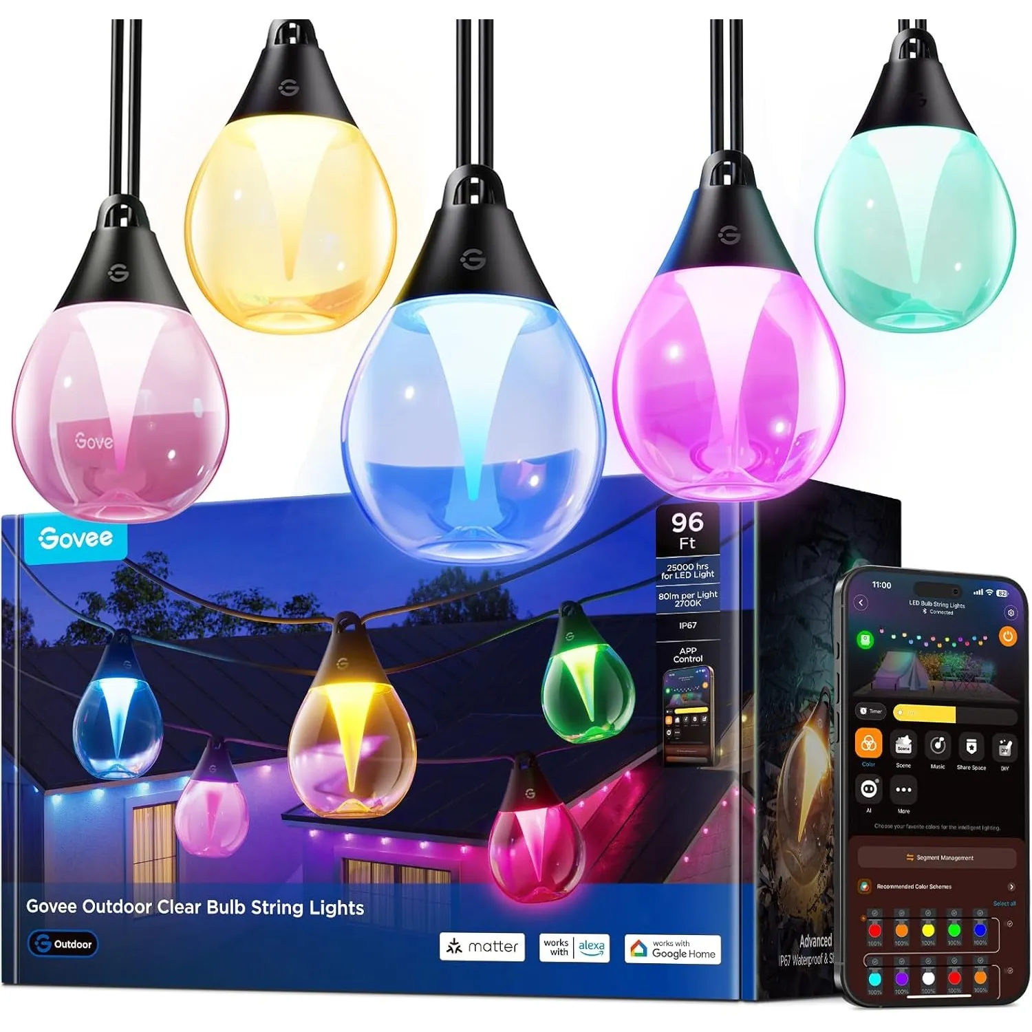 Govee RGBWIC Lichterkette Außen 30M, LED Lichterkette mit 16 Mio. Farben | Funktioniert mit Alexa, Google Assistant, Ma…