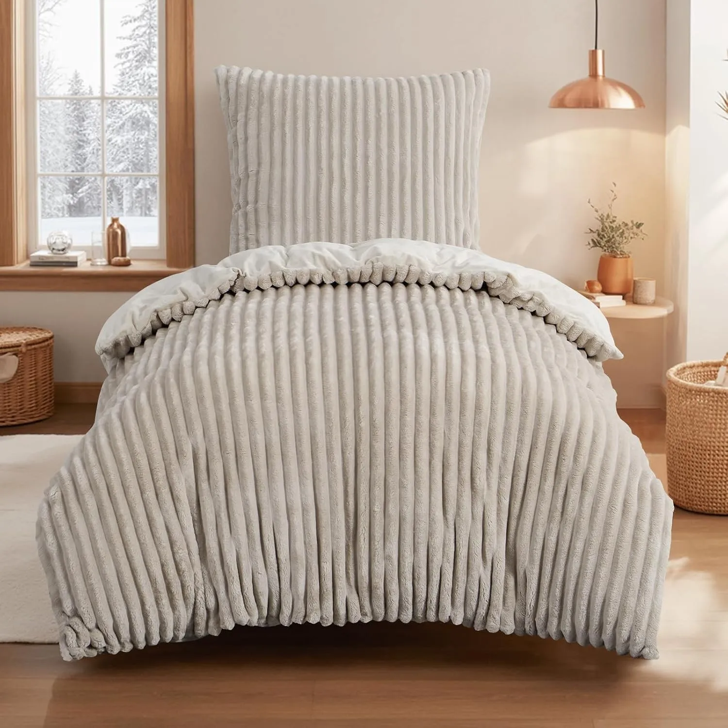 Aisbo Winter Warm bettwäsche 155x220 2teilig Beige - Cord Flauschige Flanell Winterbettwäsche Plüsch Teddy Fleece Cashm…