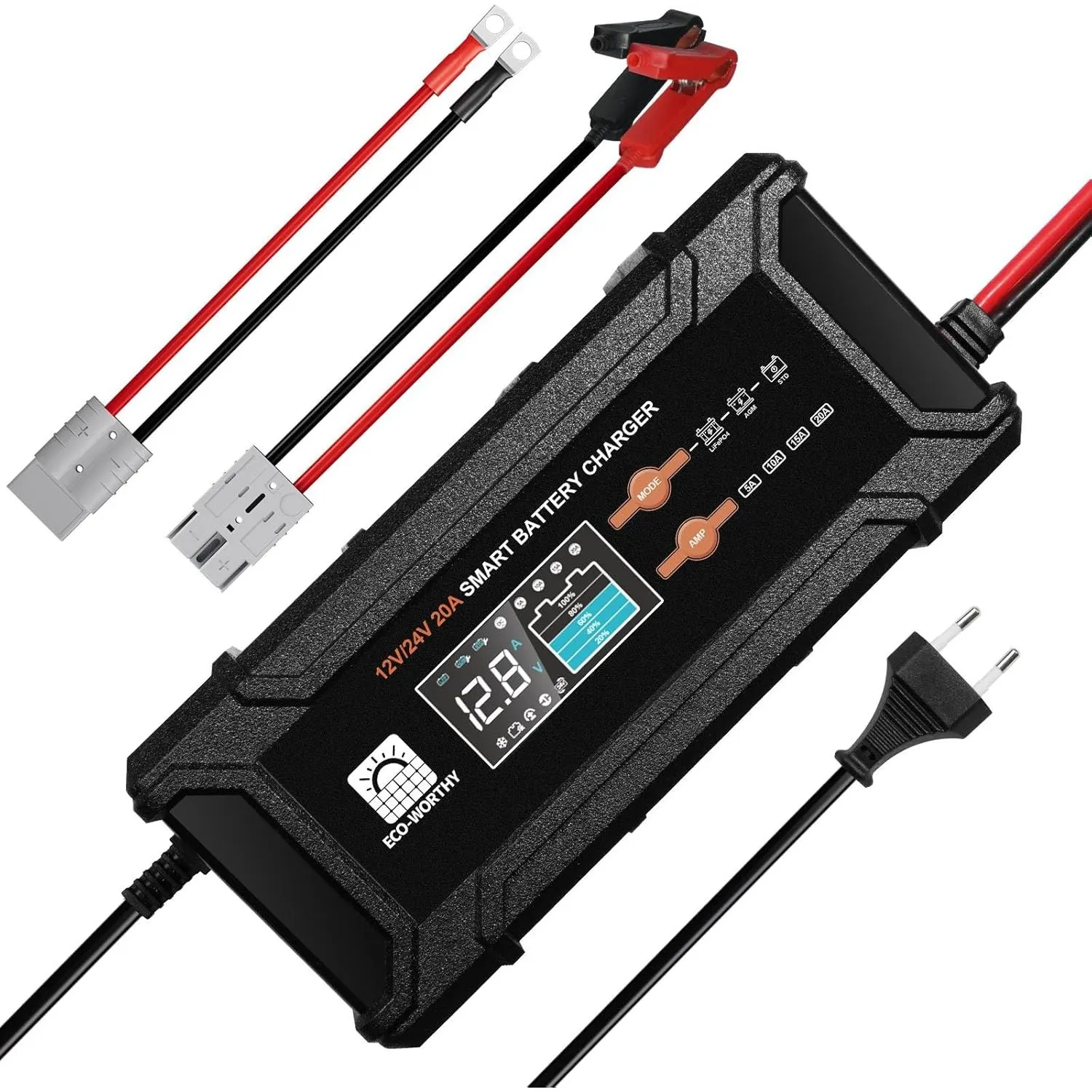 ECO-WORTHY 12V/24V 20A LiFePO4 Batterieladegerät mit Multi-Current Optionen 5A/10A/15A/20A,automatische LiFePO4 Blei-Sä…