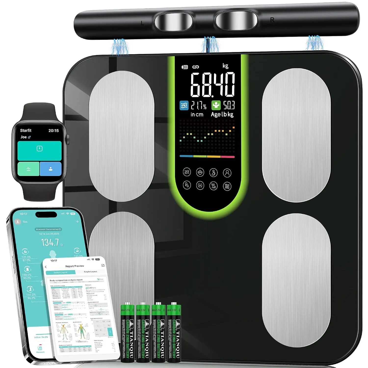 Körperfettwaage Personenwaage Digital 8-Elektroden Bluetooth App Smart Körperanalysewaage, 58 Körperdaten Fett, Muskel,…
