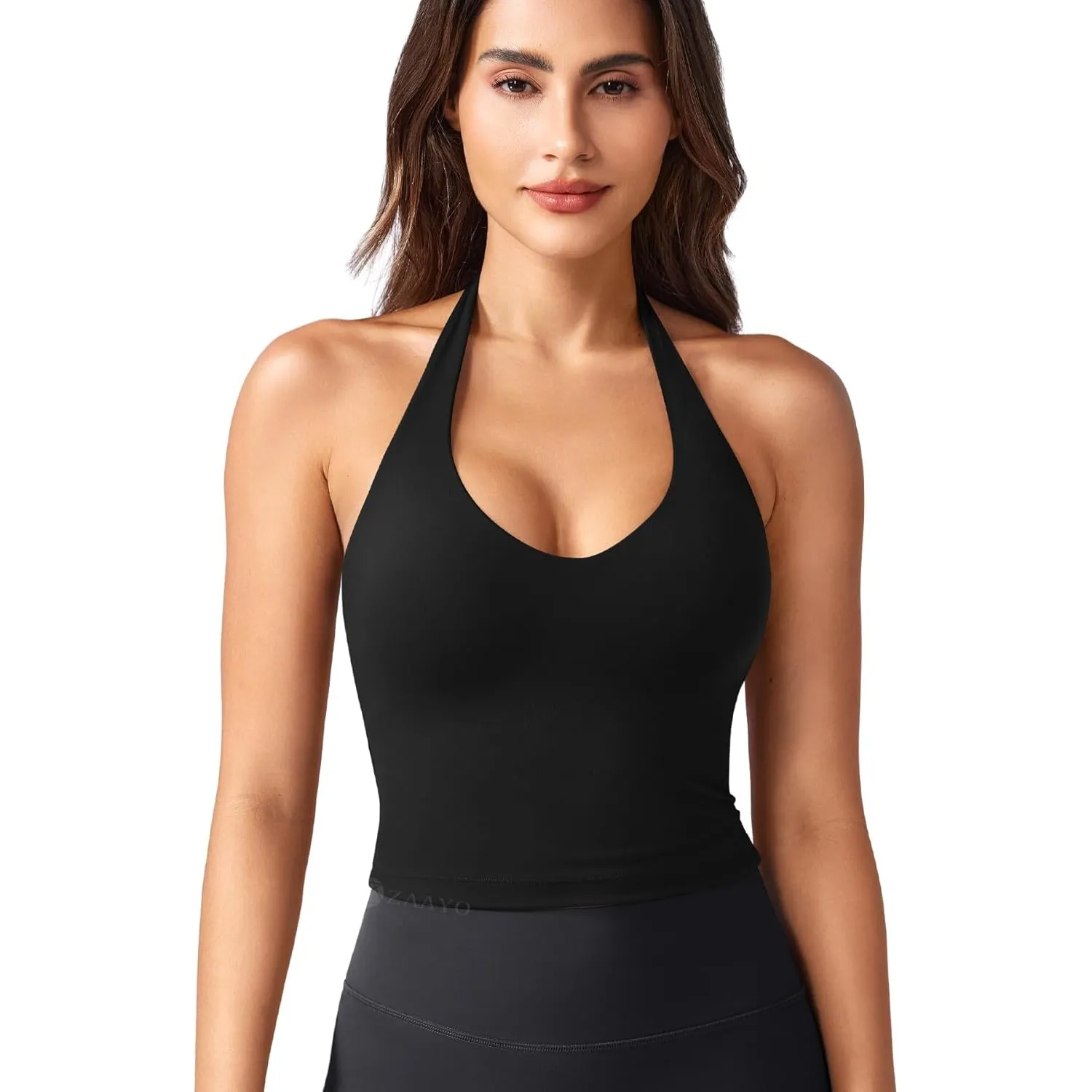 ZAAYO Halter Neckline Tank Top Damen Tiefer V Sport Top Damen Sexy Crop Top | Gepolsterte, Rückenfrei, Going Out, Worko…