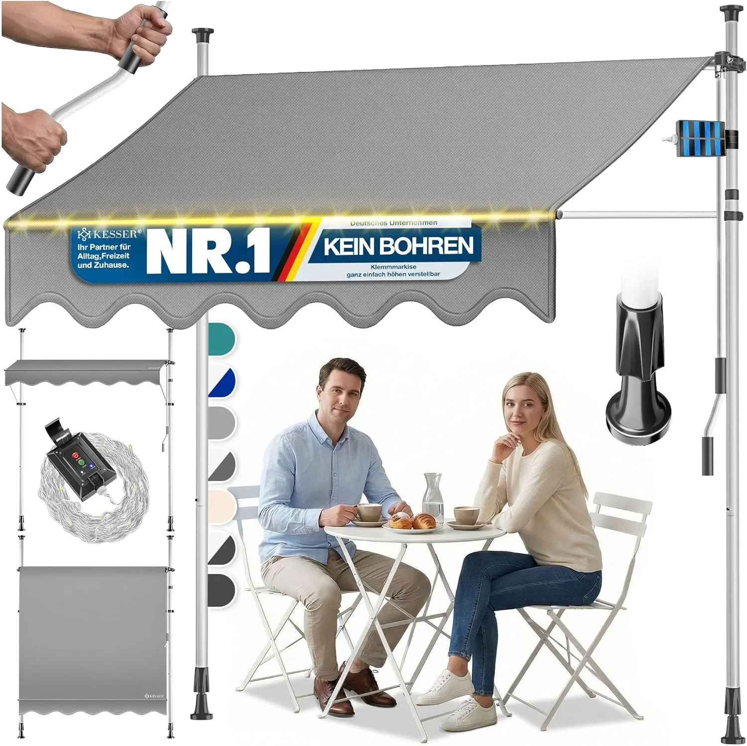 KESSER Clamp awning with hand crank and LED fairy lights, balcony awning without drilling, awning UV-resistant, height …