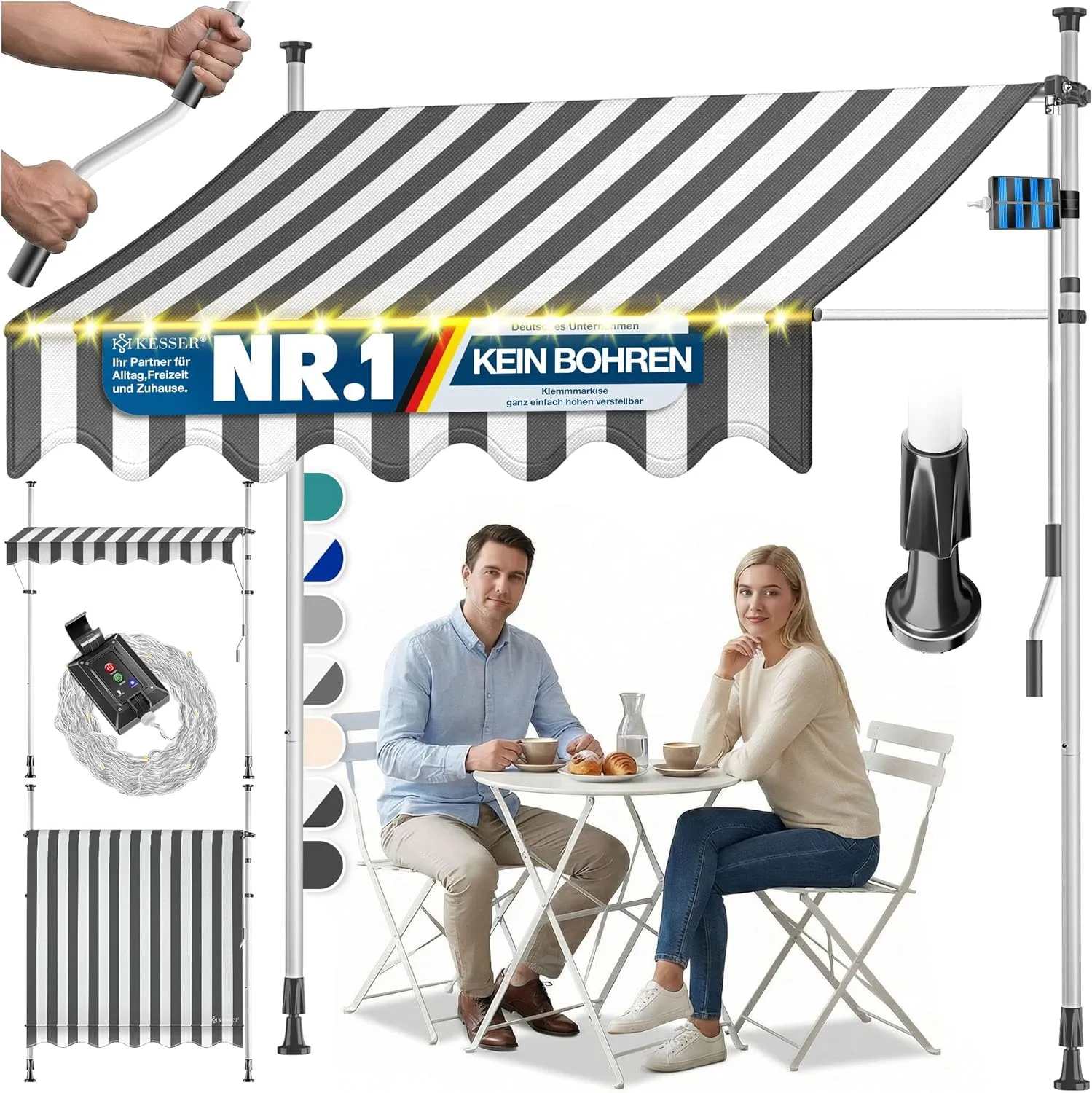 KESSER® Klemmmarkise mit Handkurbel & LED Lichterkette | Balkonmarkise ohne Bohren | Markise UV-beständig höhenverstell…