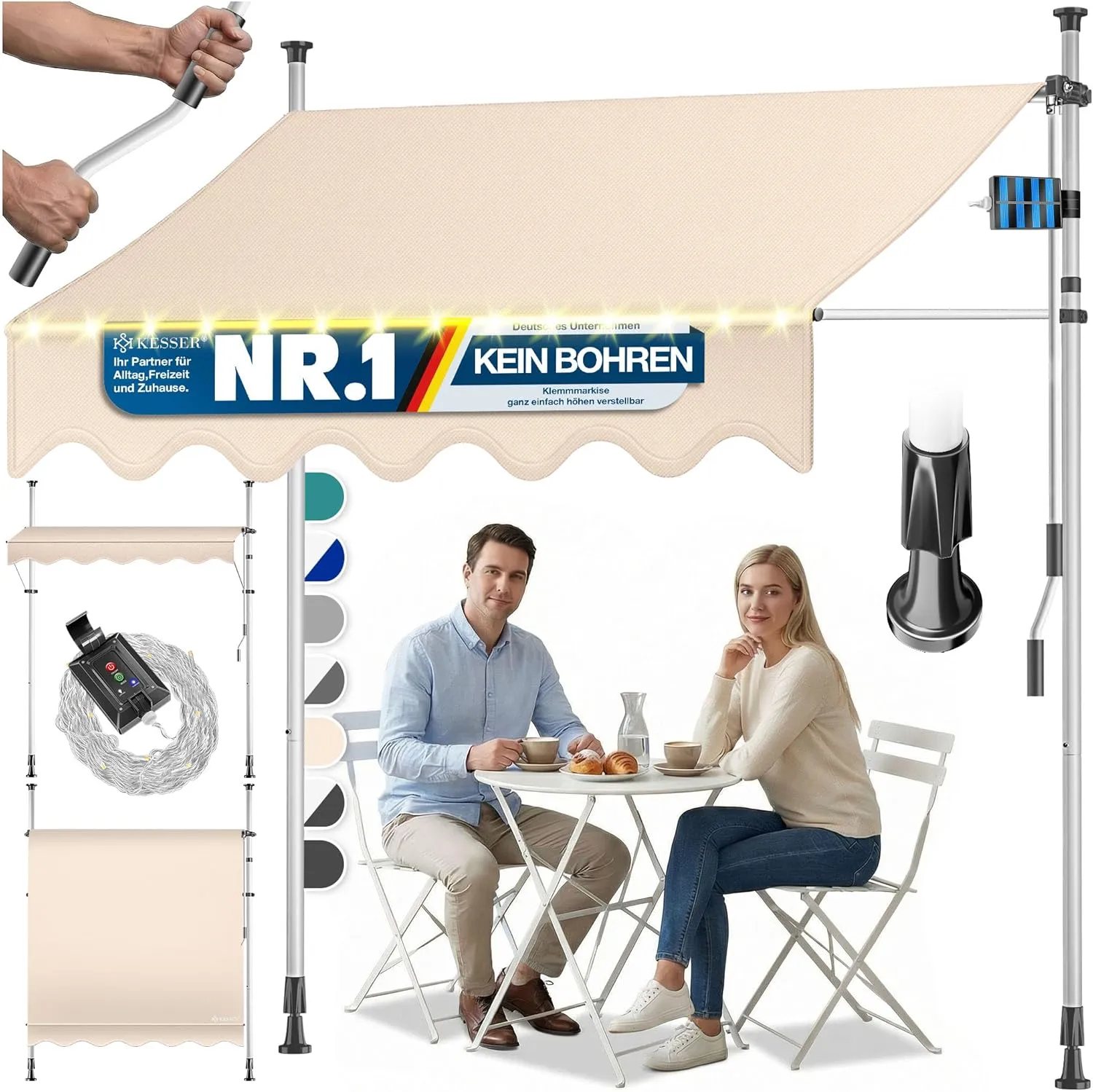 KESSER Clamp awning with hand crank and LED fairy lights, balcony awning without drilling, awning UV-resistant, height …